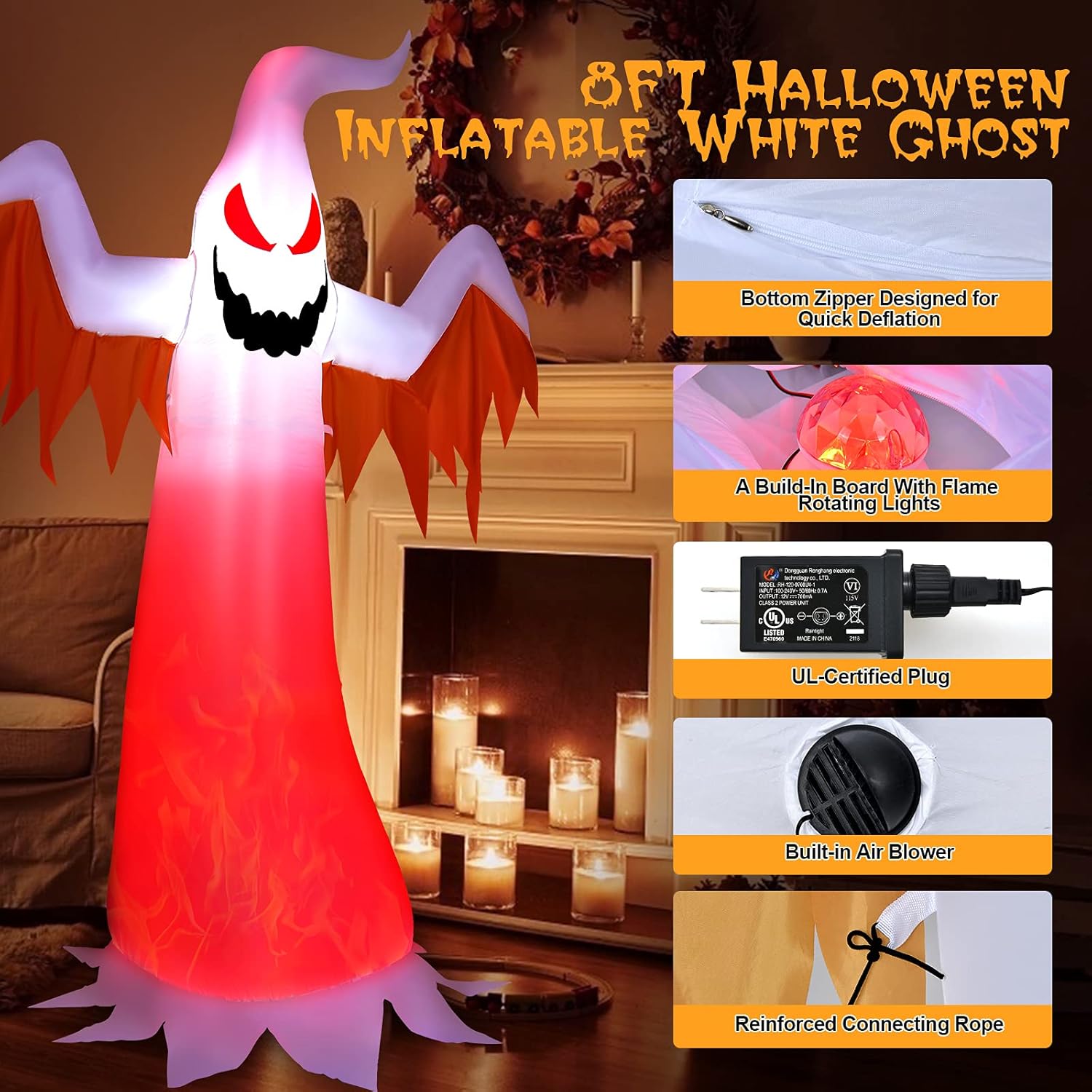 COSTWAY Fantasma blanco inflable de Halloween de 8 pies con luces LED de llama giratoria, decoración de fantasma gigante para patio al aire libre,