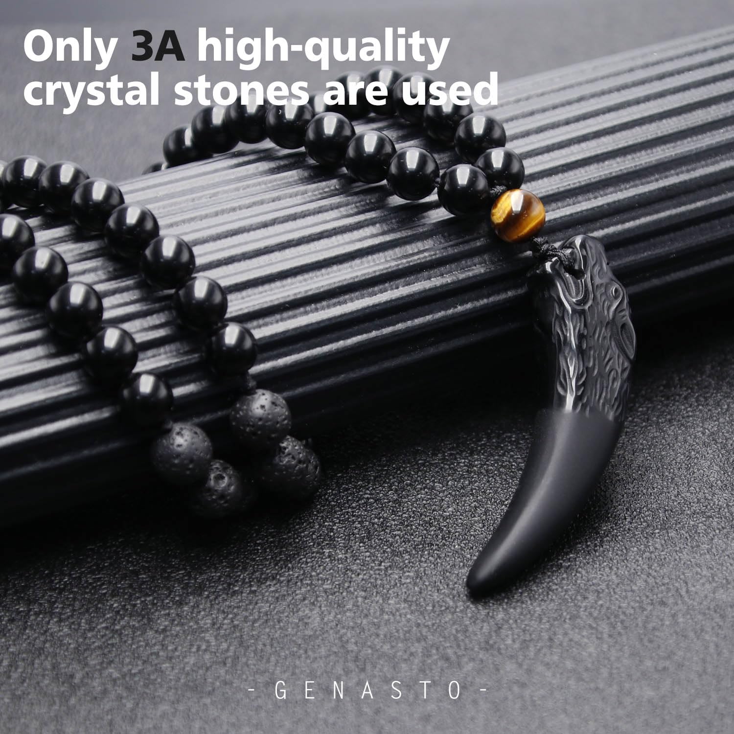 GENASTO Wolf Tooth Necklace Black Obsidian Stone Beads and Tiger Eye Necklace and Tiger Eye Natural Stone Crystal Healing Prayer Necklace for Men