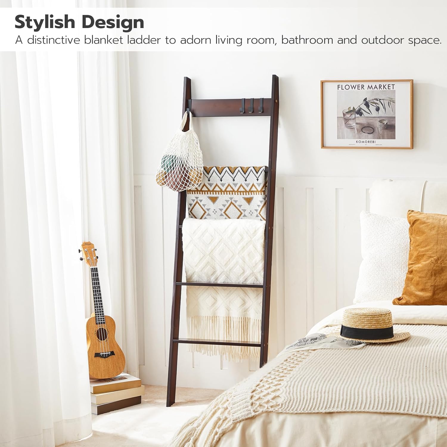 Escalera para manta para sala de estar y dormitorio, toallero de pared de 5 niveles para baño, estante decorativo de escalera con 4 ganchos