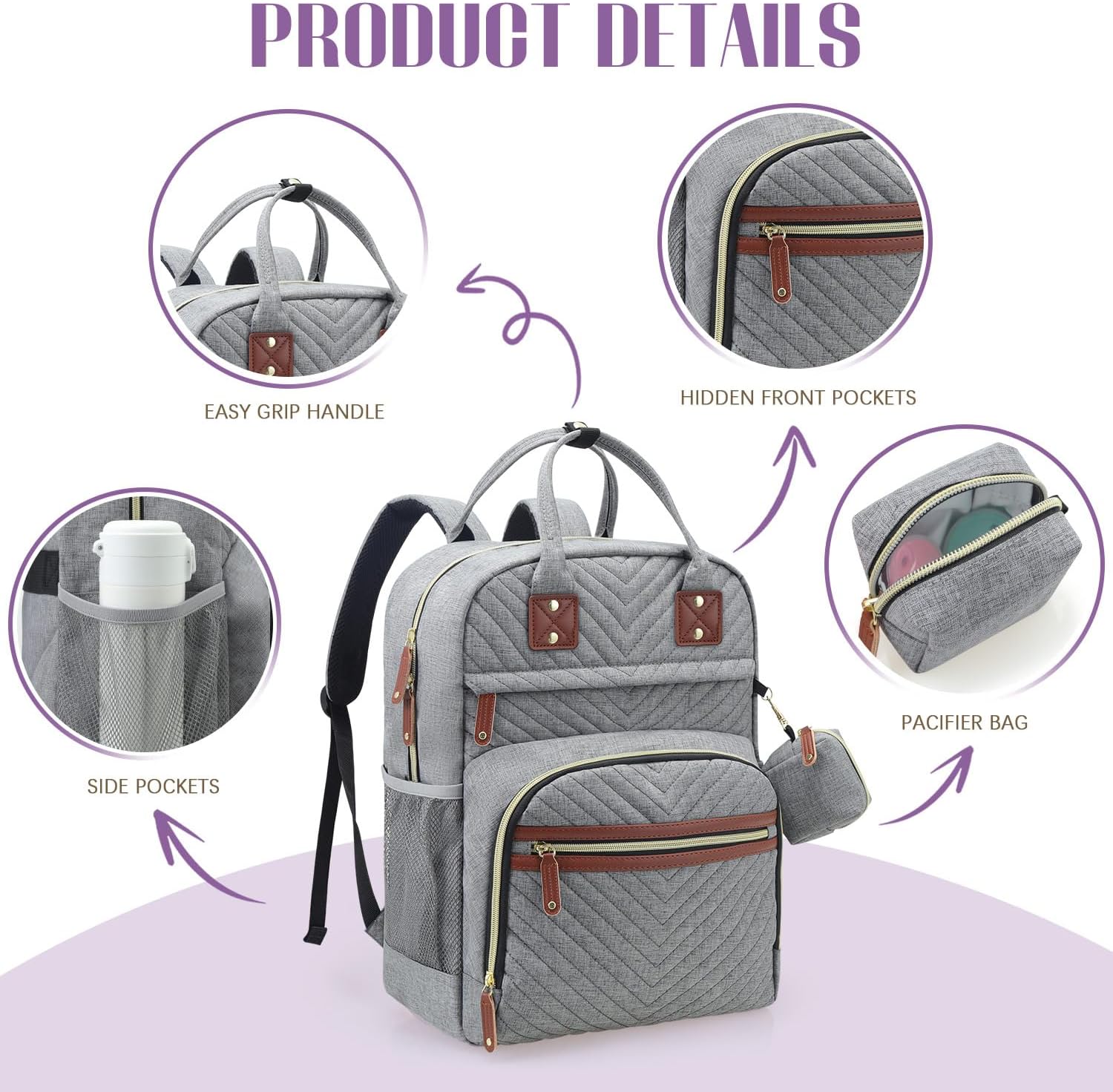 Mochila para pañales, esenciales para bebés, mochila impermeable multifunción con correas para cochecito y estuche para chupete, Gris, Mochilas de