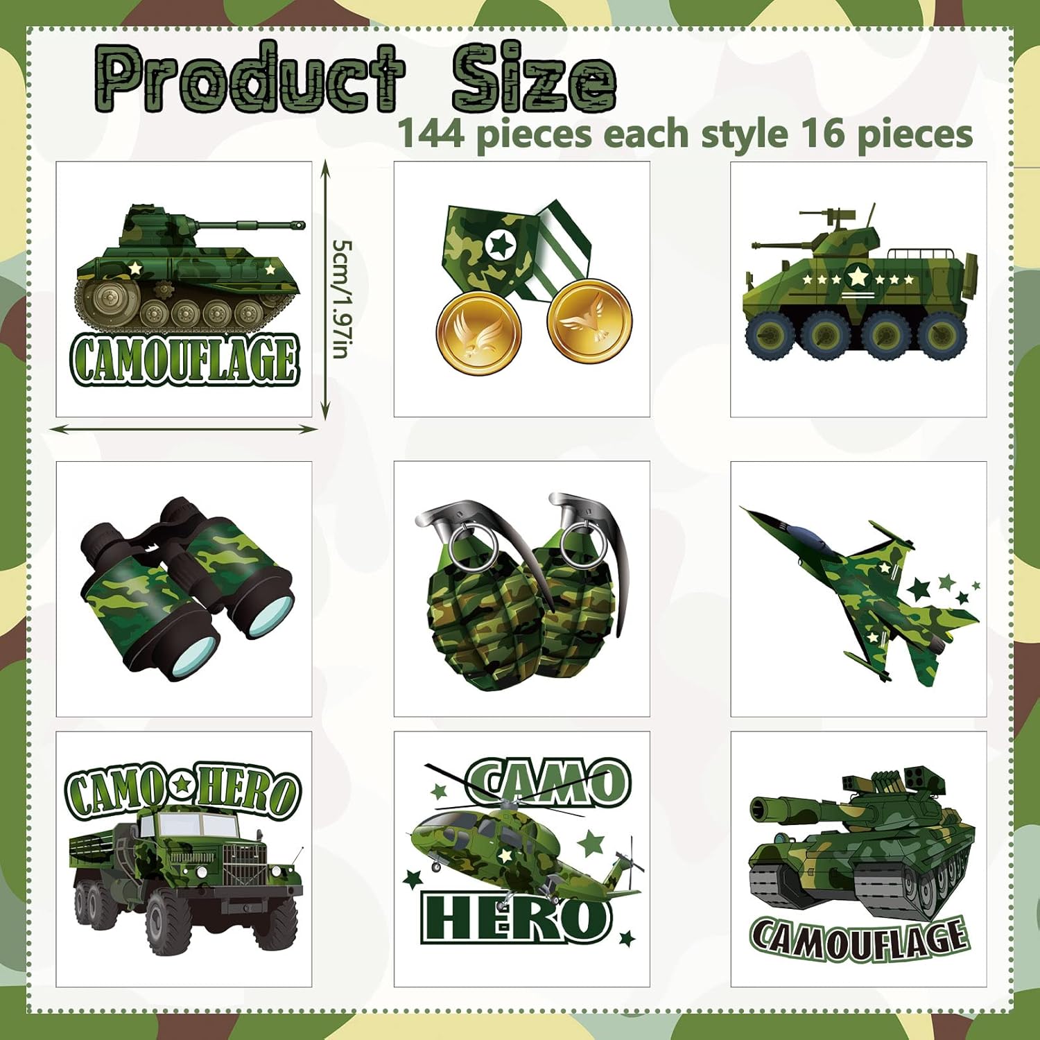 144 hojas de tatuajes de camuflaje camuflaje del ejército recuerdos de fiesta militar tanque helicóptero tatuajes falsos pegatinas para hombres y