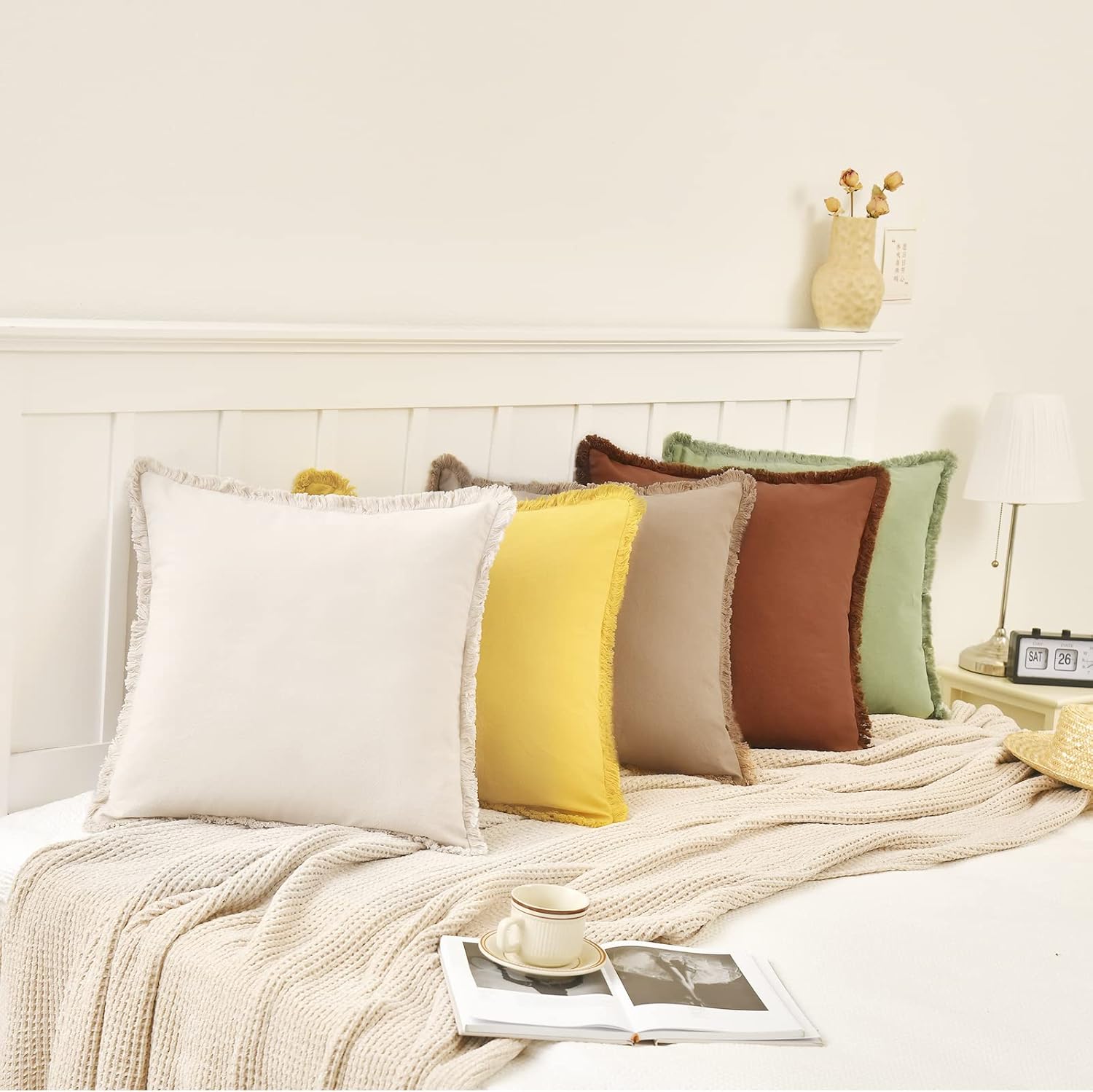 ZWJD Juego de 2 fundas de almohada de 20 x 20 pulgadas, color beige, con flecos, de algodón, decorativas, cuadradas, para sofá, cama, sala de estar,