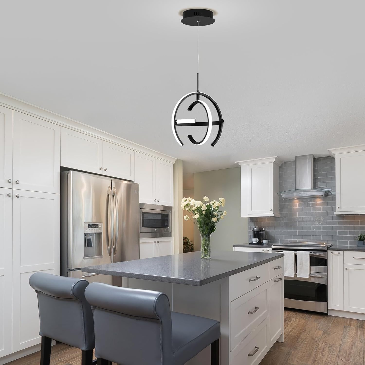 Candelabro LED moderno, lámpara colgante negra, anillo de globo contemporáneo, iluminación colgante de techo redondo para comedor, sala de estar,