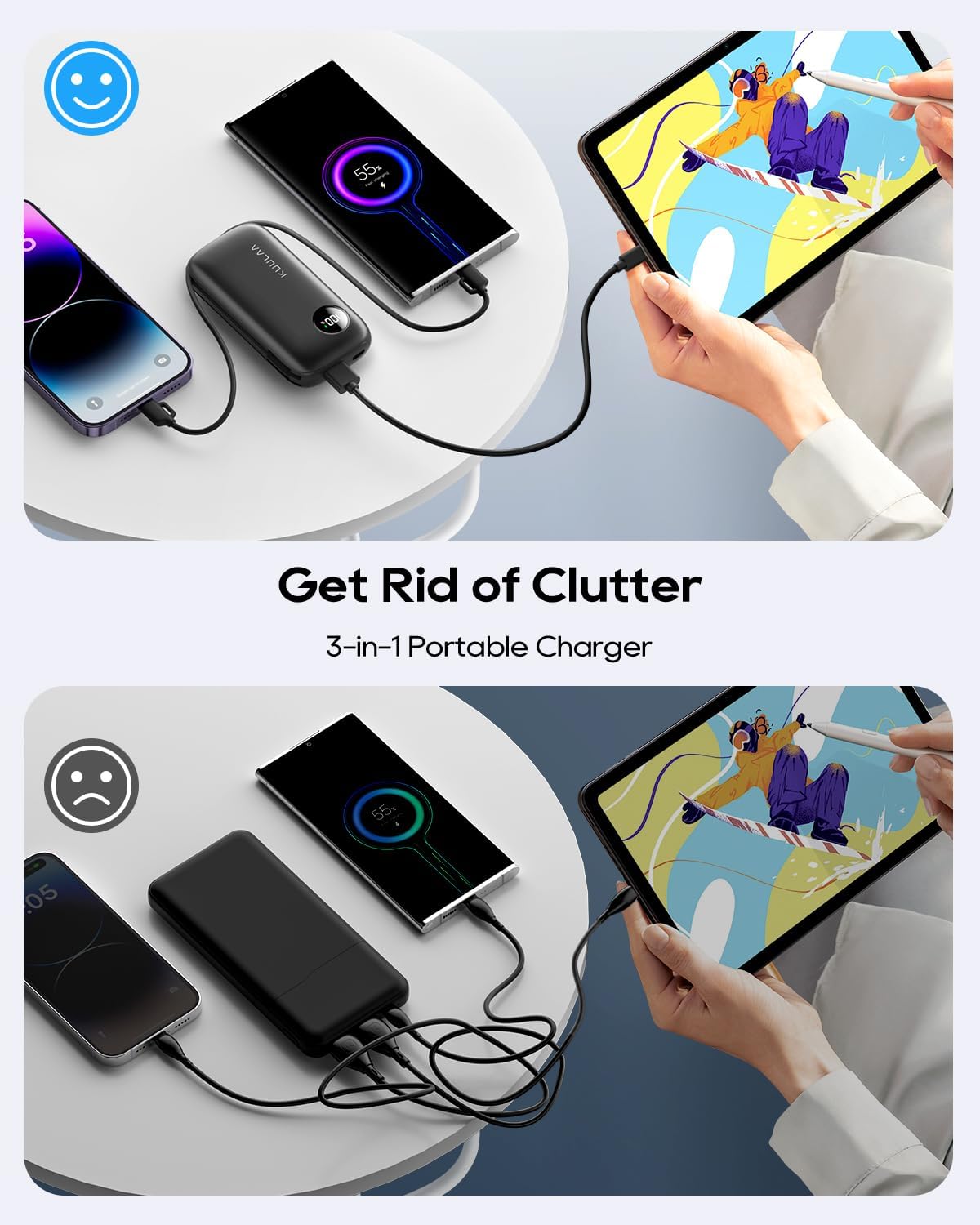 Kuulaa Cargador portátil con cables integrados 10000mAh USB C Power Bank de carga rápida pantalla LCD cargador portátil 3 salidas para iPhone Pixel