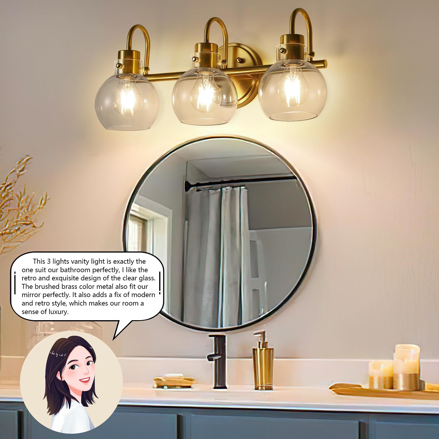 Lámpara de tocador de 3 luces, lámparas de baño de latón cepillado, apliques de pared de granja con pantalla de vidrio transparente de globo,