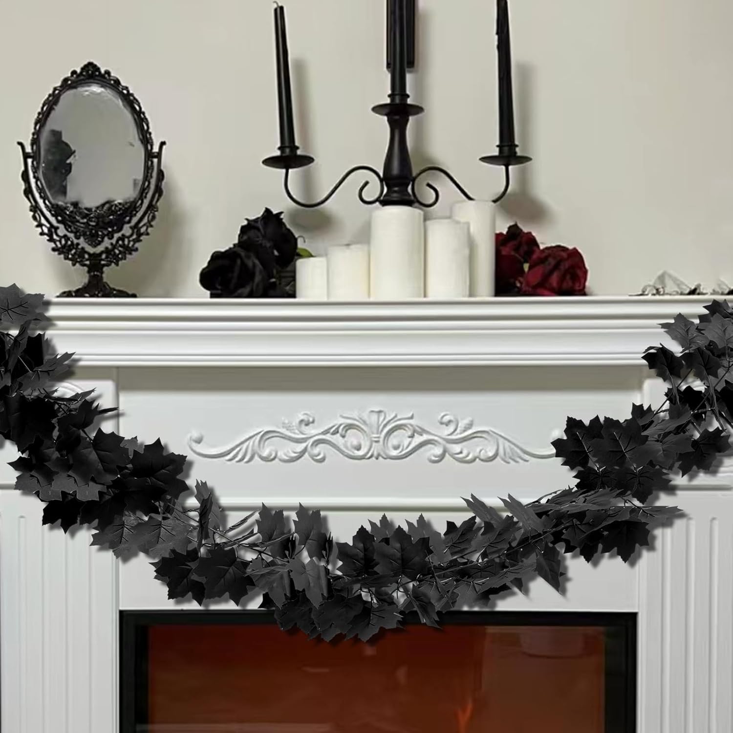 Decoraciones de Halloween, 5 unidades, guirnalda de hojas de arce negro, guirnalda de hojas negras, guirnalda de Halloween para manto, puerta