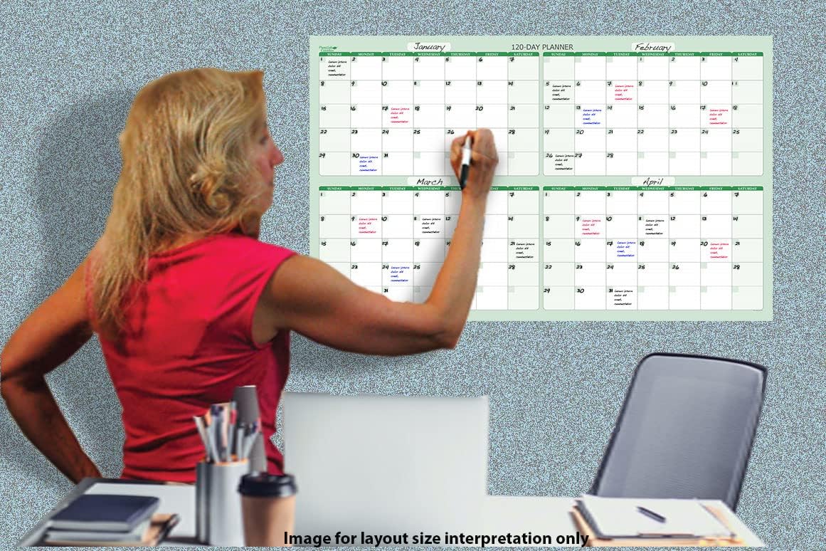 PlanetSafe Calendars – Calendario de pared horizontal de 120 días, planificador de pared borrable en seco y húmedo de 4 meses, calendario mensual