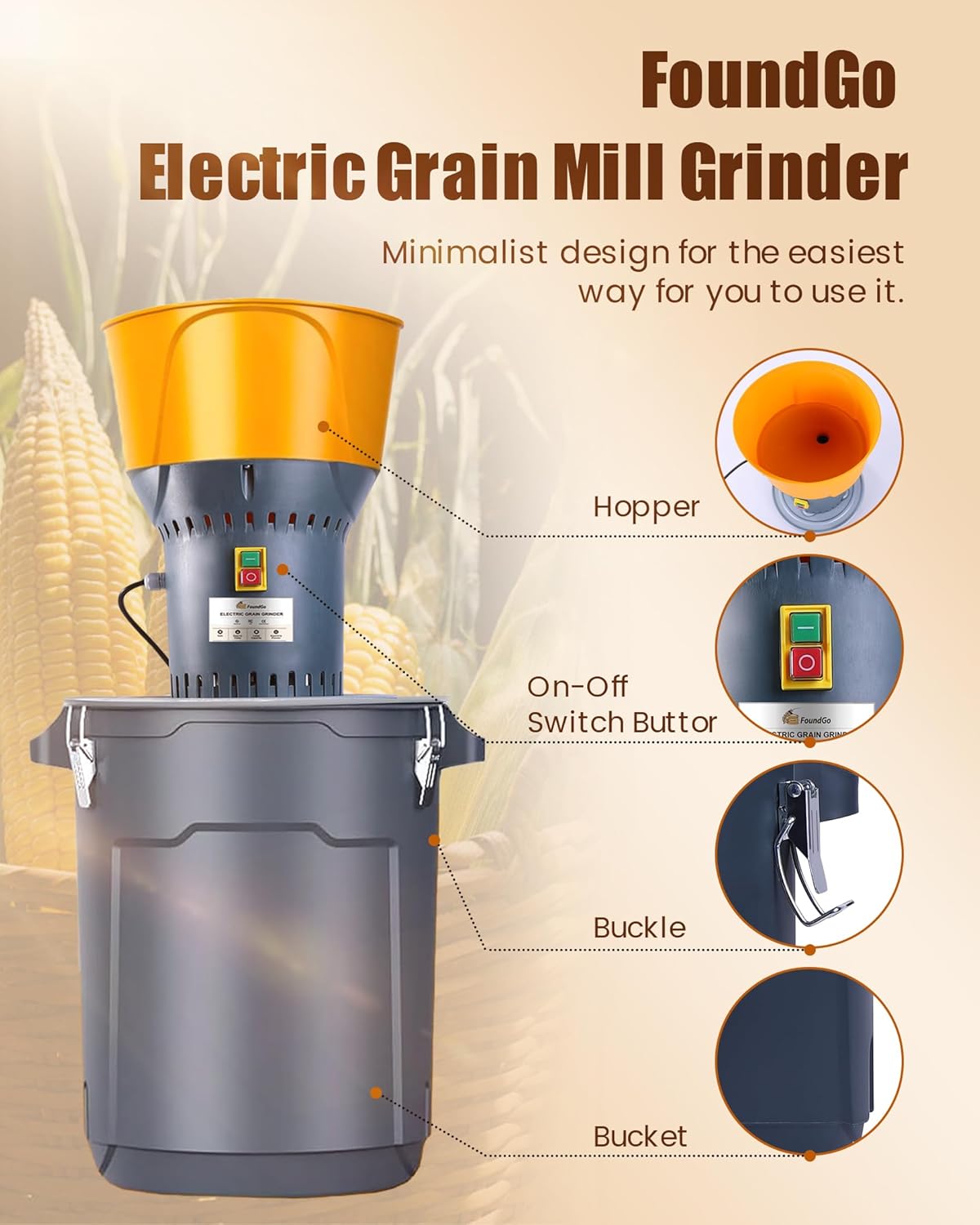 FoundGo Molinillo de molino de grano de alimentación agrícola eléctrica de 13.2gal para especias de maíz de trigo con 5 filtros 110V 1000W 50L