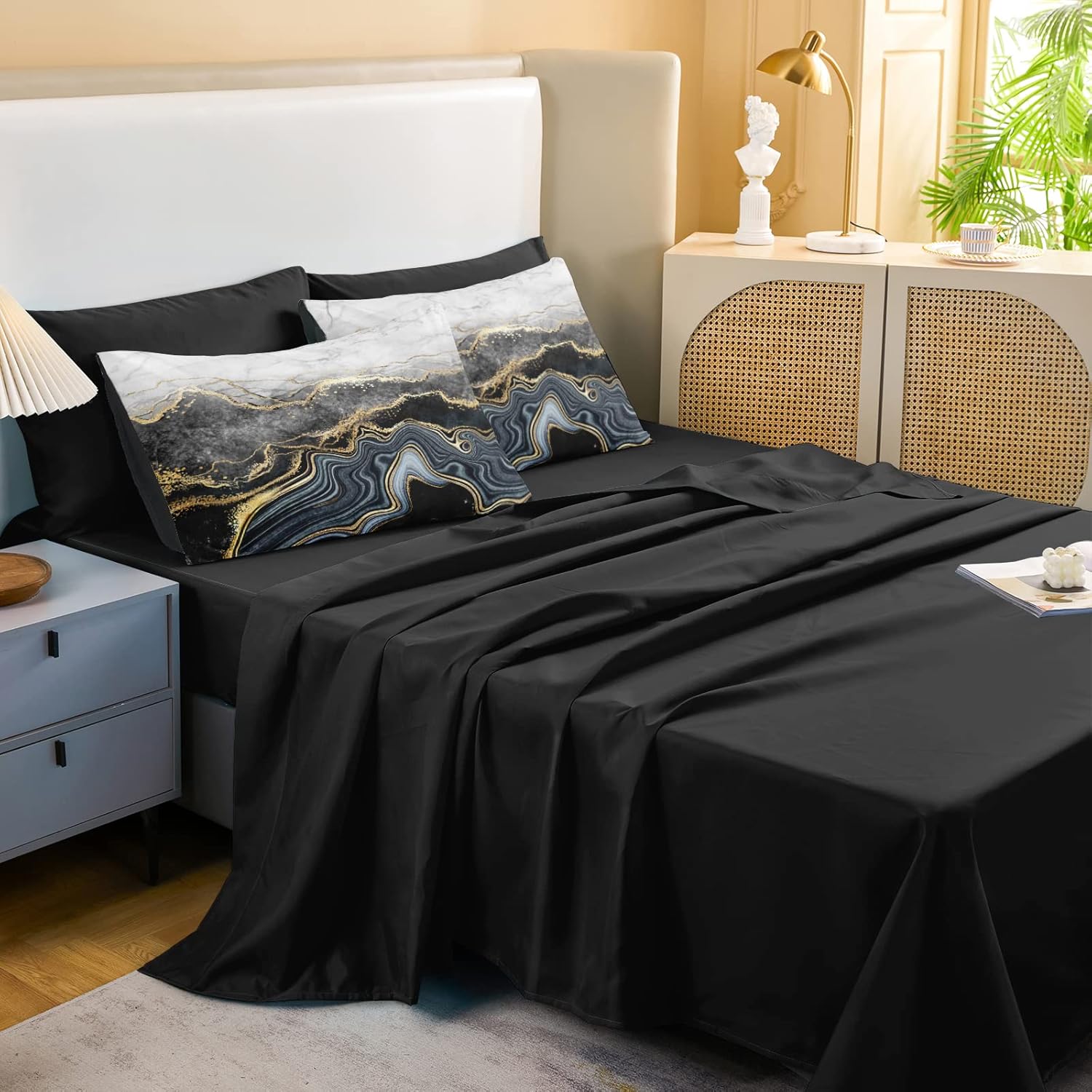 Move Over Juego de cama en una bolsa de mármol negro y dorado, tamaño Queen, 8 piezas, juego de ropa de cama de mármol abstracto, estilo moderno,