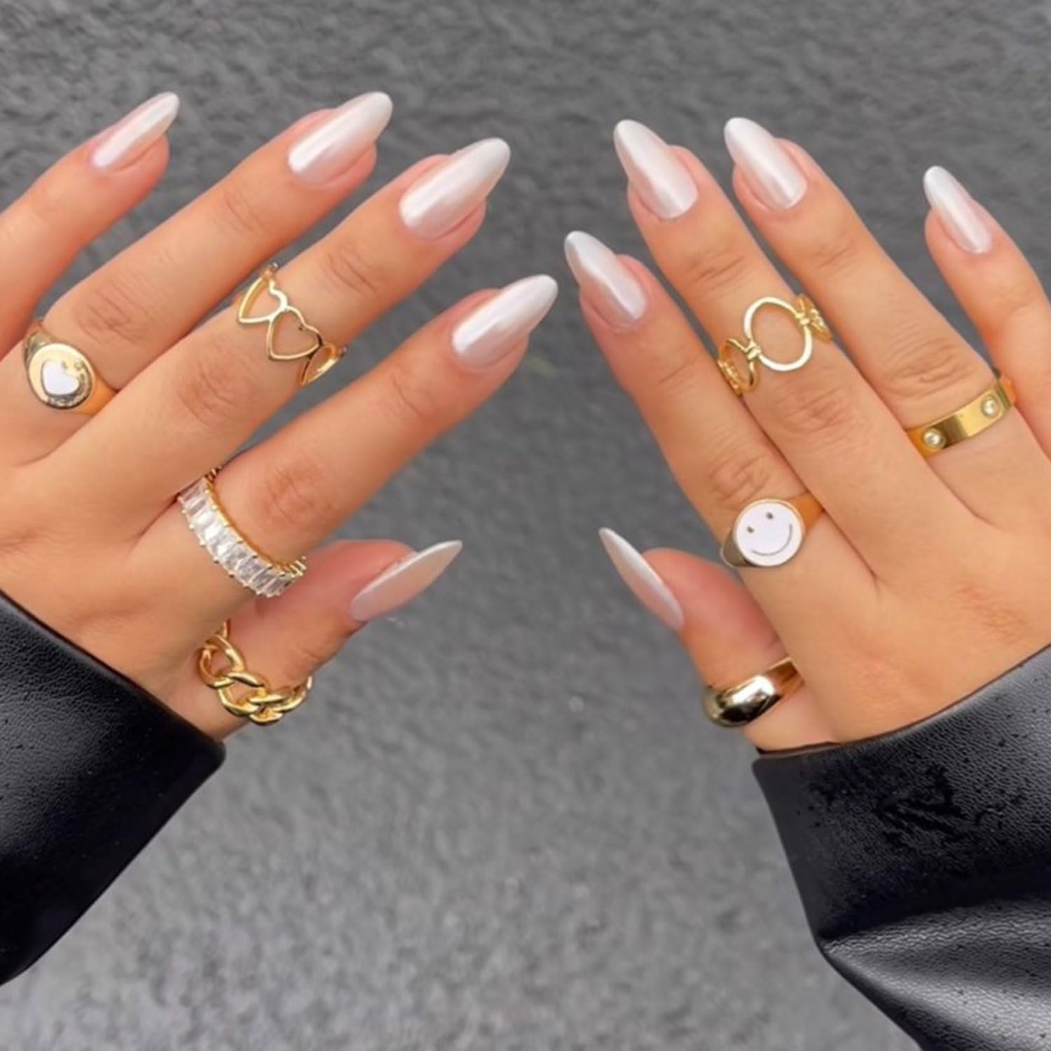 Uñas postizas ovaladas con láser a presión, color blanco, diseño de aurora, uñas postizas artificiales para mujeres y niñas, uñas adhesivas para