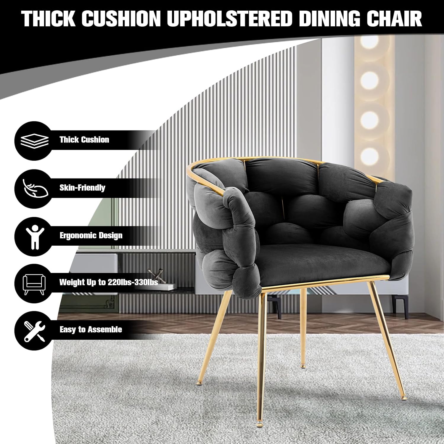 Sillas de comedor de terciopelo, sillas decorativas modernas con patas de metal dorado para comedor, cocina, tocador, sala de estar, juego de 2