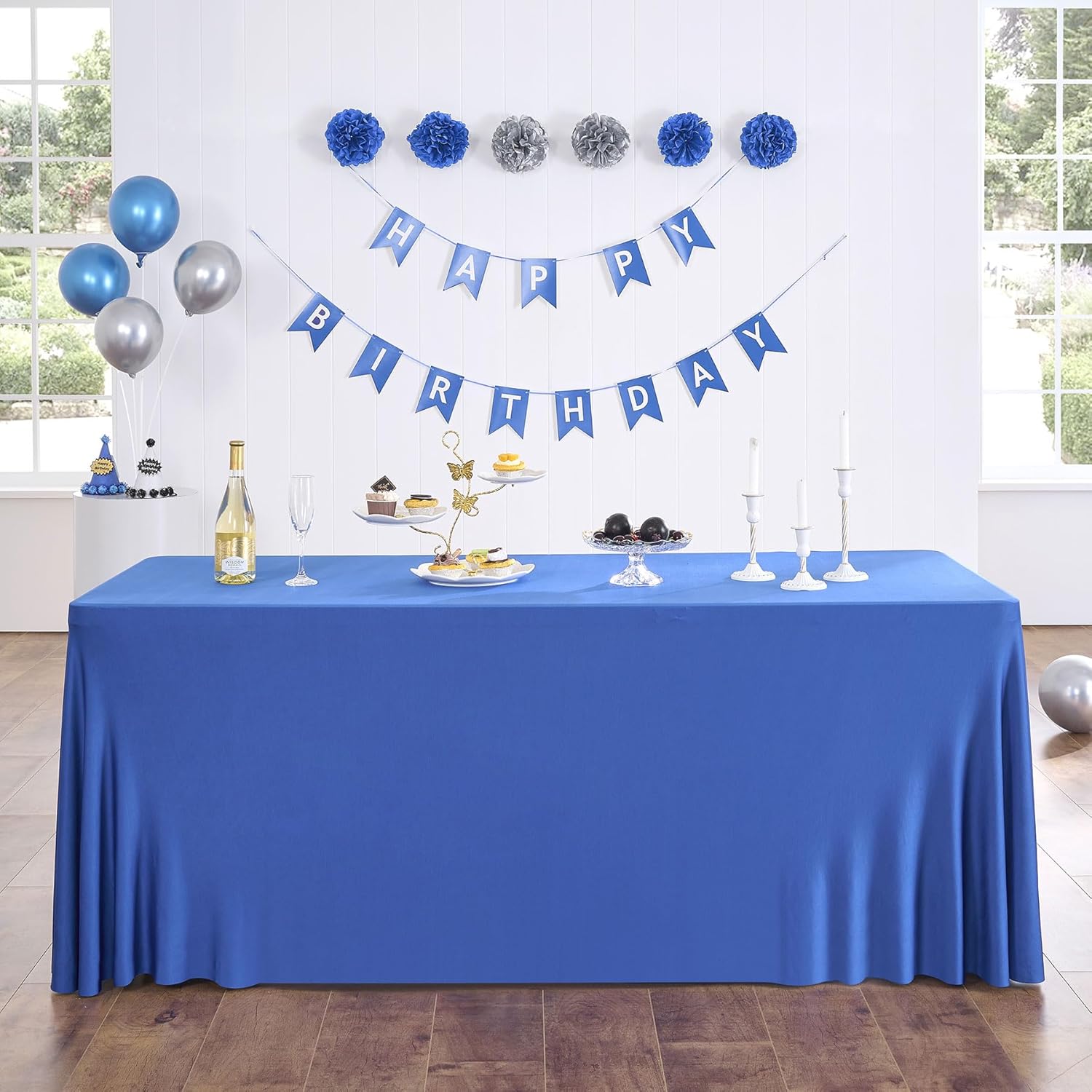 Mantel de 3 lados de elastano azul rey de 6 pies para mesas rectangulares, resistente a las arrugas, elástico, para fiestas, banquetes, eventos,