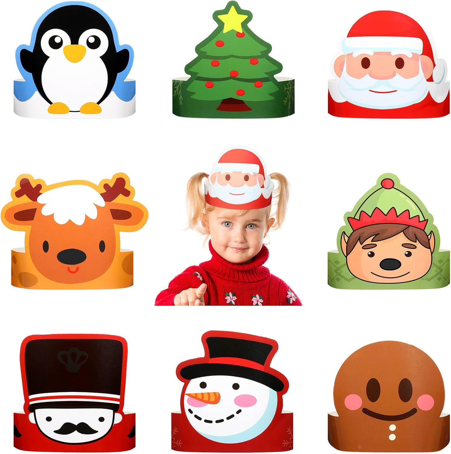 Skylety 40 sombreros de fiesta de papel de Navidad para niños, ajustable, corona de papel, diadema, Papá Noel, elfo, reno, muñecos de nieve, hombre