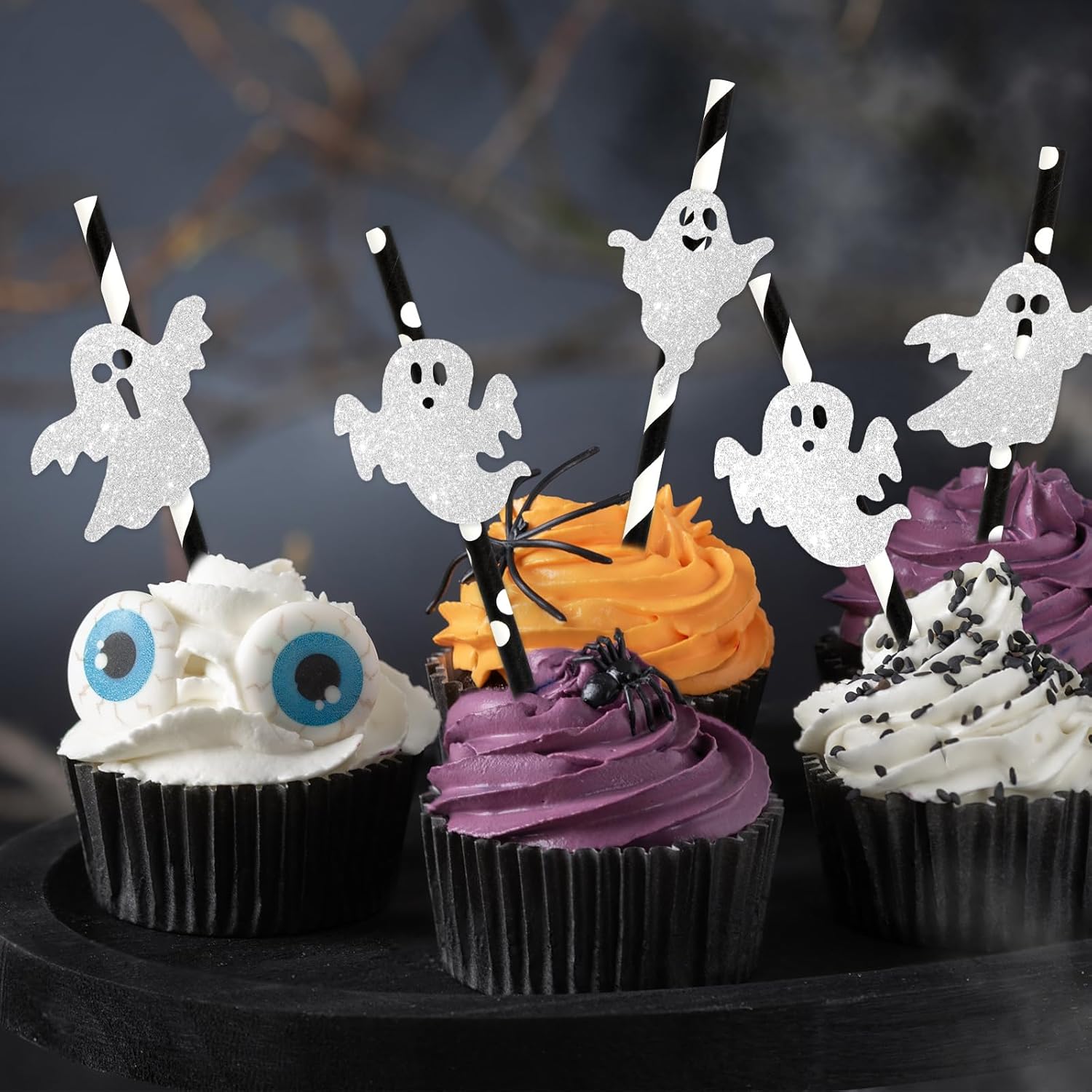 Whaline 60 popotes de papel de fantasma de Halloween, con brillantina, fantasma, desechables, con patrón de puntos negros y blancos, pajitas de