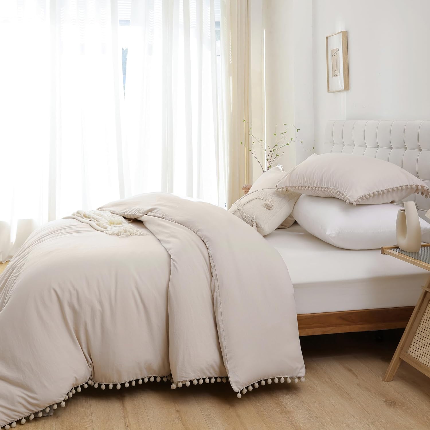 Smoofy Juego de edredón beige tamaño King con flecos y pompones, juego de ropa de cama de 3 piezas suave y cálido vintage con pompones (1 edredón
