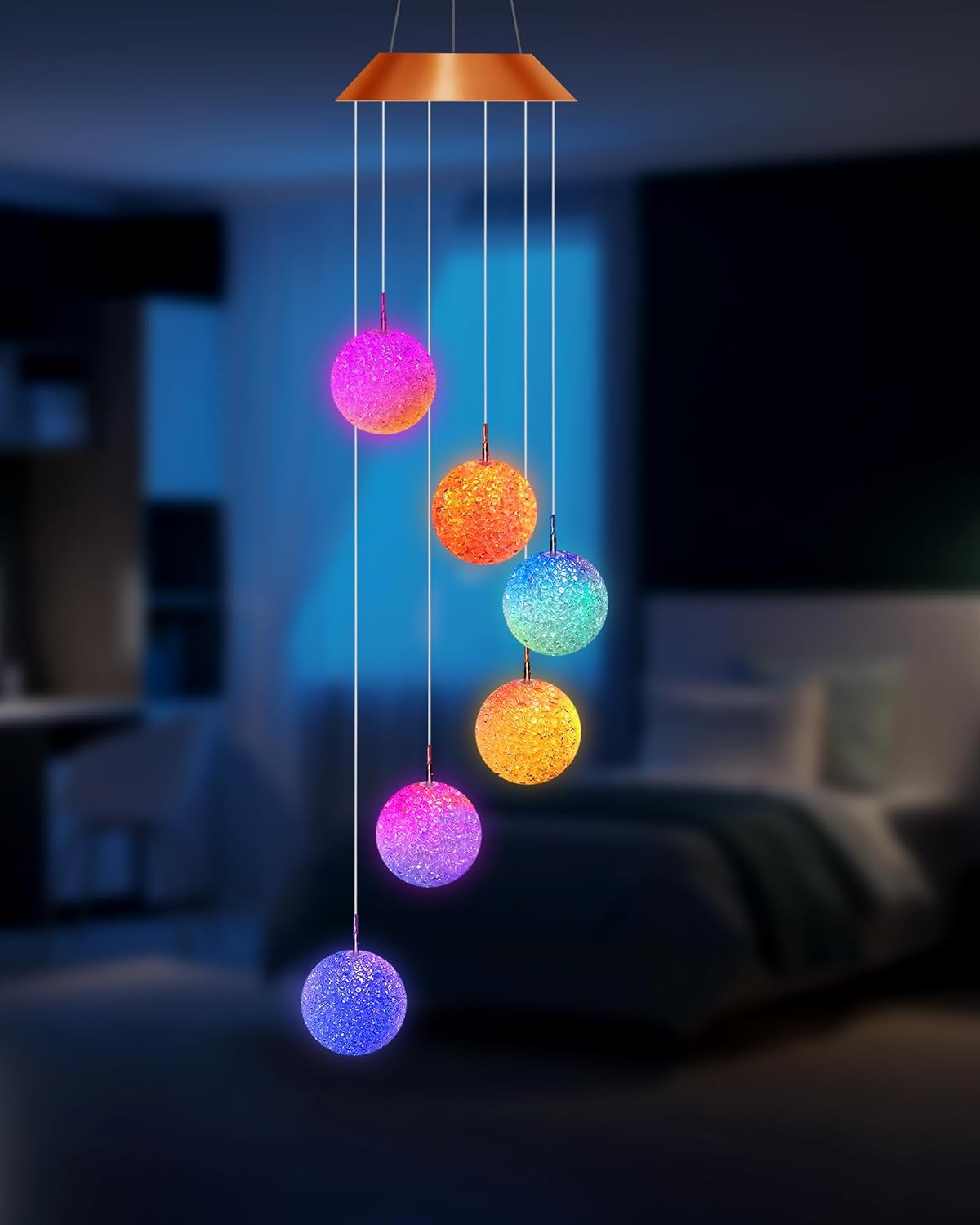 4 carillones de viento solares que cambian de color, bola de cristal LED, campanillas de viento solares portátiles impermeables colgantes luces