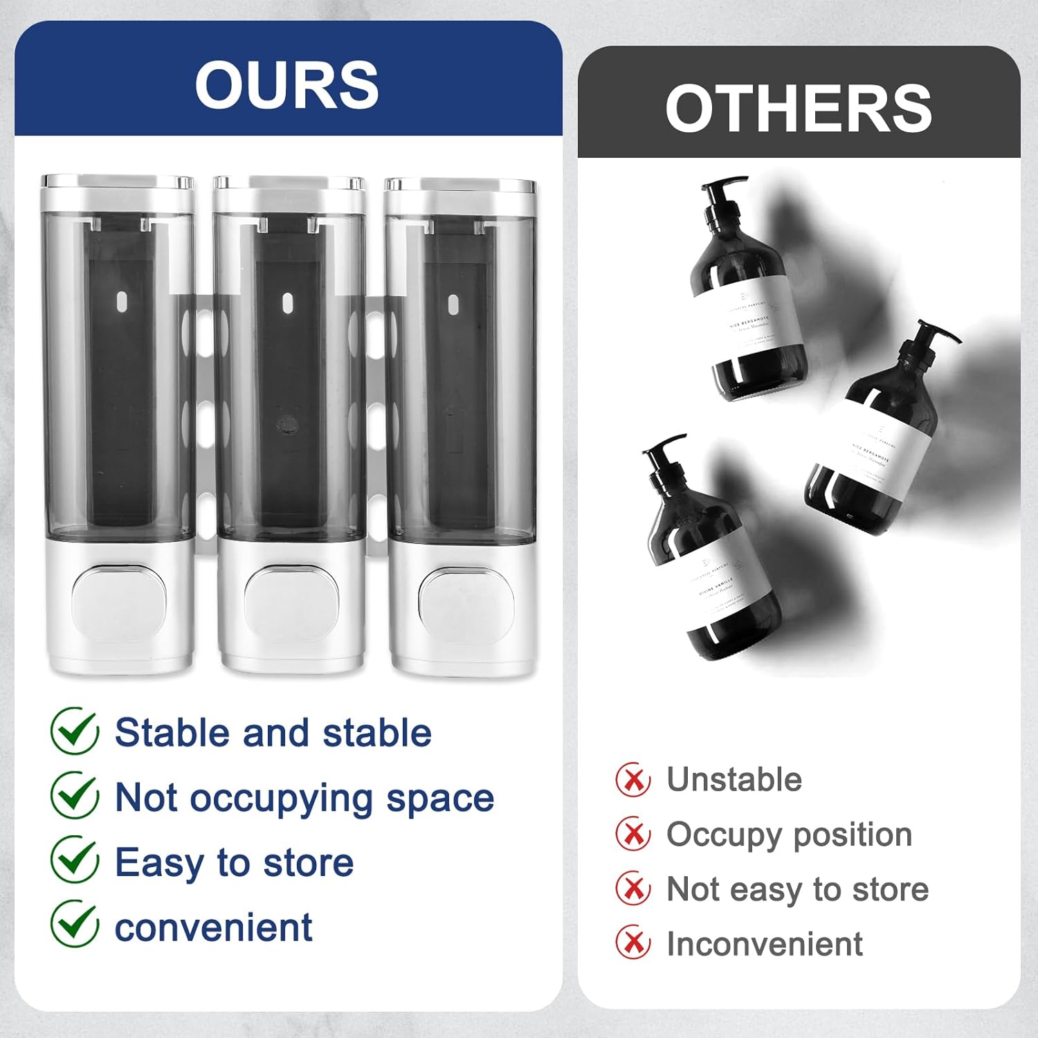 6pcs Shampoo and Conditioner Dispenser No Drill Shower soap Dispenser Wall Mounted 3 Chamber for Bathroom, Kitchen,Hotel Pumps are Easy to use No