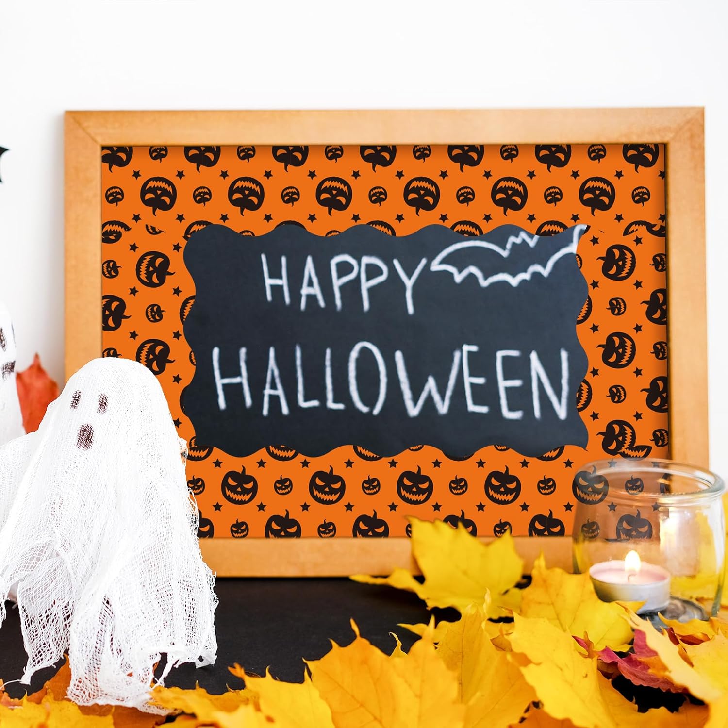 Whaline Tablero de anuncios de Halloween de 69 pies, diseño de araña, calabaza, murciélago, decoración de puntos, color naranja y negro, borde