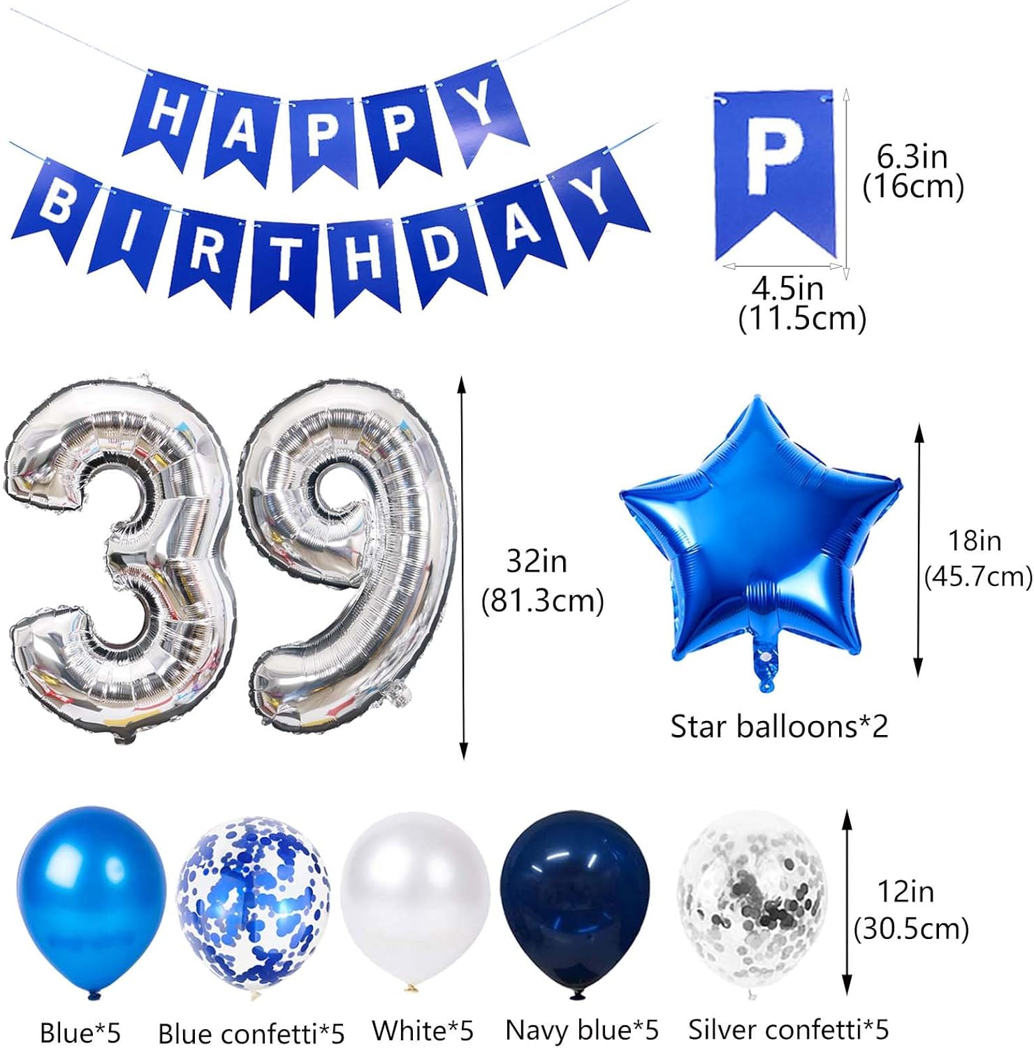 Decoración de fiesta de cumpleaños número 39, globos de látex de papel de aluminio con estrella de cumpleaños número 39, globos de látex de confeti