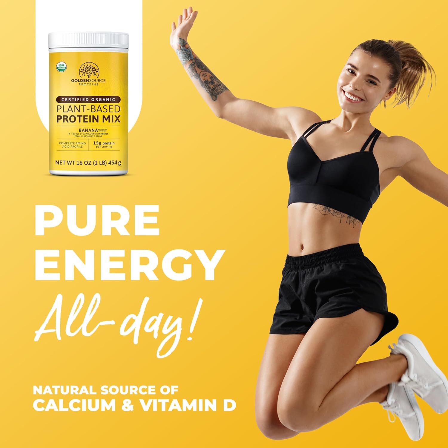 GoldenSource Proteins, plátano, proteína en polvo a base de plantas, mezcla de proteínas, proteína en polvo con 22 vitaminas y minerales, 0.63 onzas