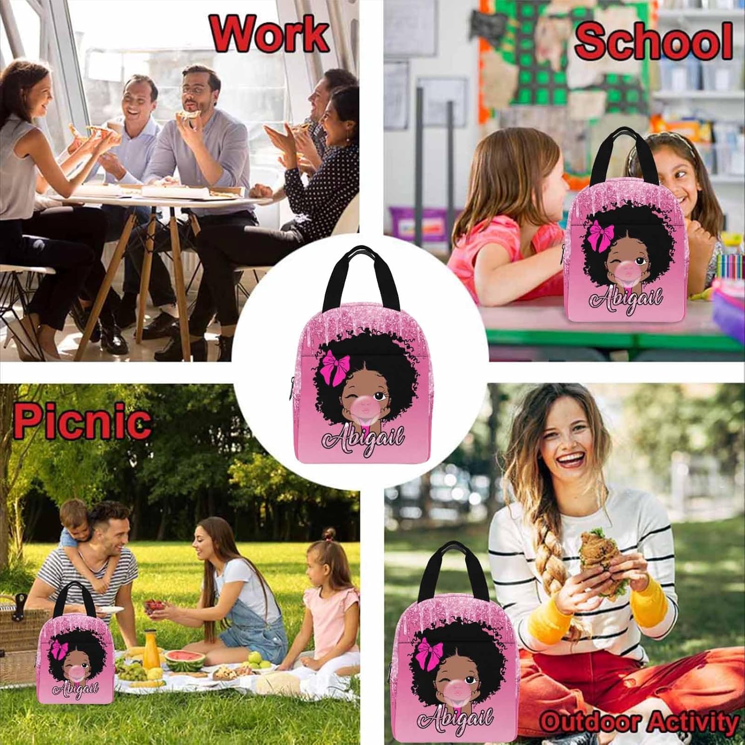 Lonchera con nombre personalizado para niños, color rosa degradado con patrón brillante, bolsa de almuerzo aislada reutilizable, bolsa de almuerzo