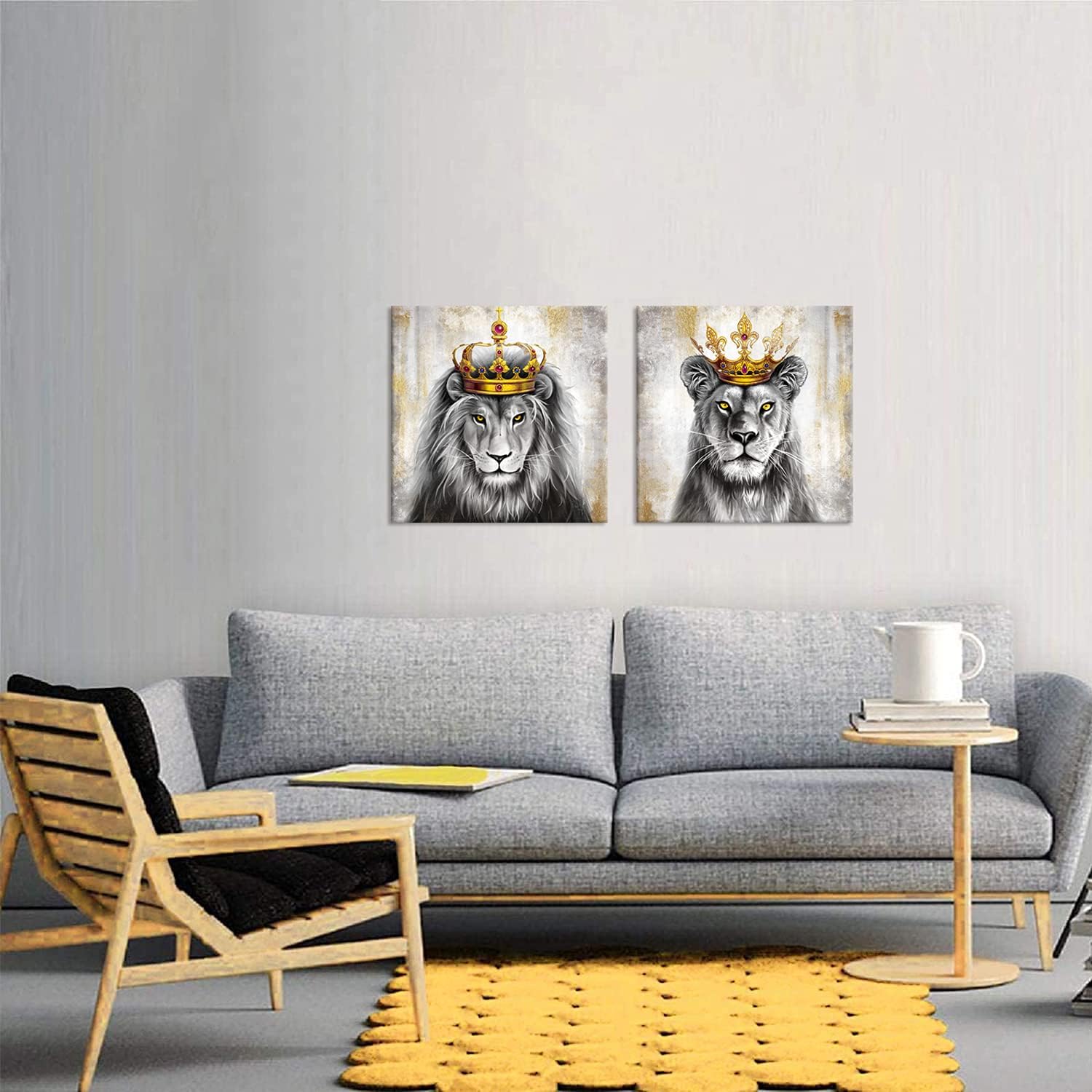 DuoBaorom 2 piezas de lienzo de león y leona de animales rey, arte de pared de león con corona dorada, imagen gris y dorada, impresión giclée,