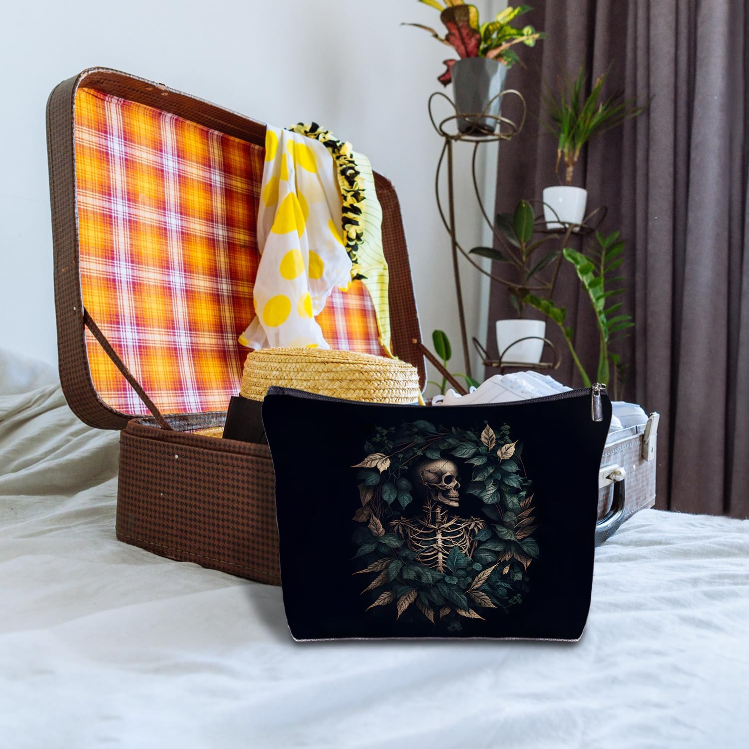 Zomhix Bolsa de maquillaje gótica, bolsa de maquillaje de esqueleto botánico vintage, regalos góticos para mujeres, bolsas de cosméticos de arte