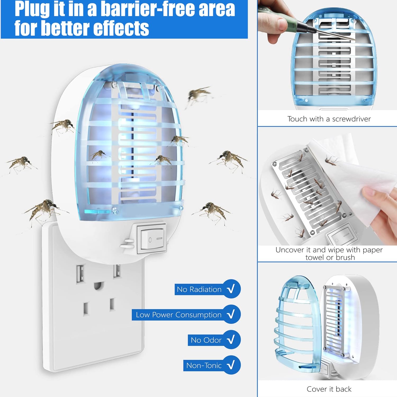 Exterminador de insectos para interiores, trampa electrónica para moscas, mata mosquitos con luces azules para sala de estar, hogar, cocina,