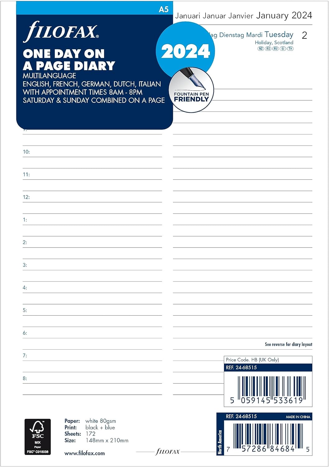 Filofax Calendario de recambio de diario, tamaño A5, día en una página con citas, libro blanco, multilingüe cinco idiomas, 2024 (C68515-24)