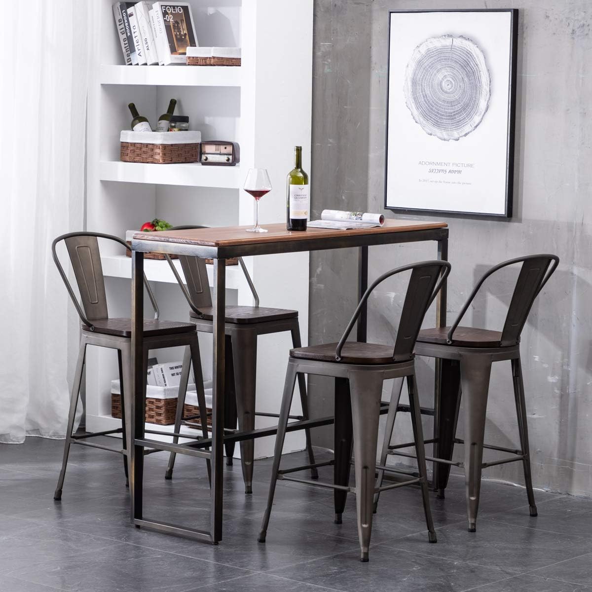 Yongqiang Juego de 4 taburetes de bar giratorios de 24 pulgadas con respaldo alto de metal con asiento de madera, sillas de bar industriales oxidadas