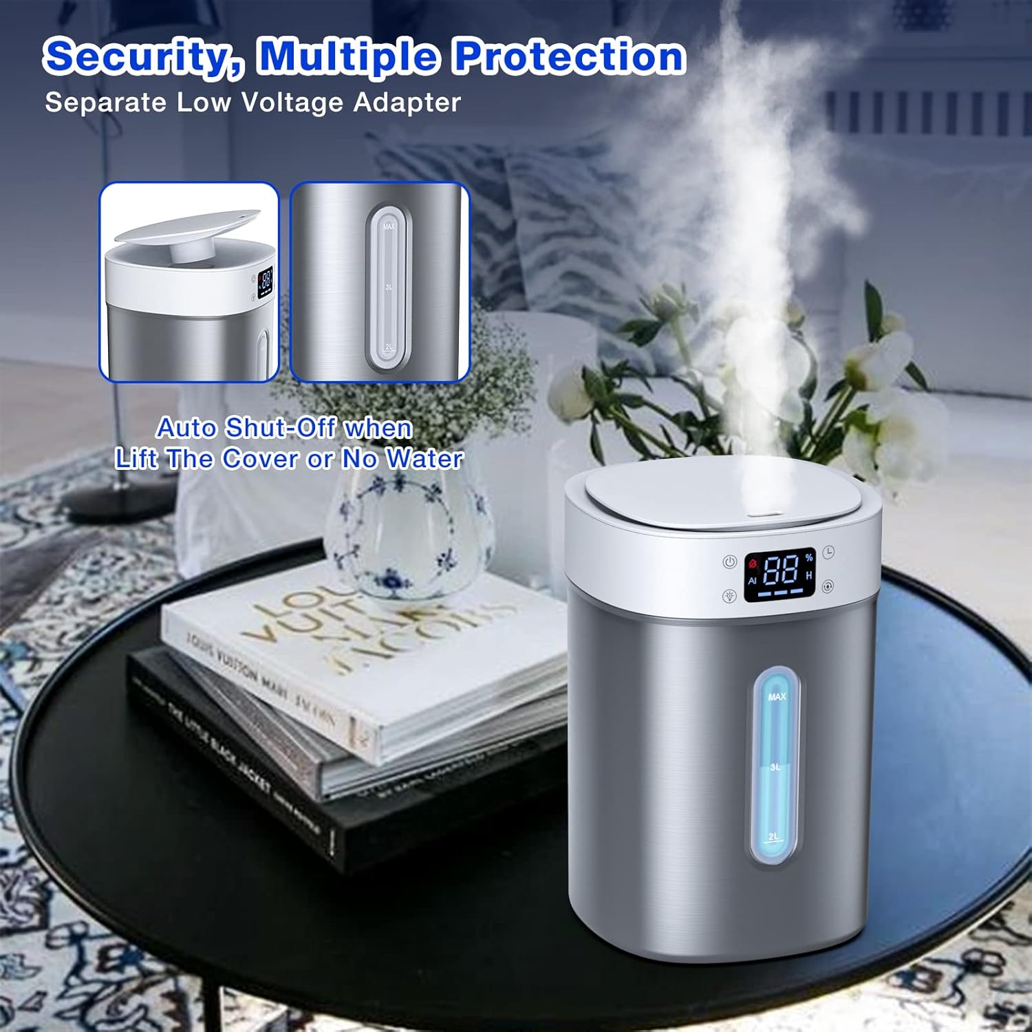 Humidificador ultrasónico de niebla fría de 4 litros con tanque de acero inoxidable 304, control automático de humedad, luz nocturna y temporizador,