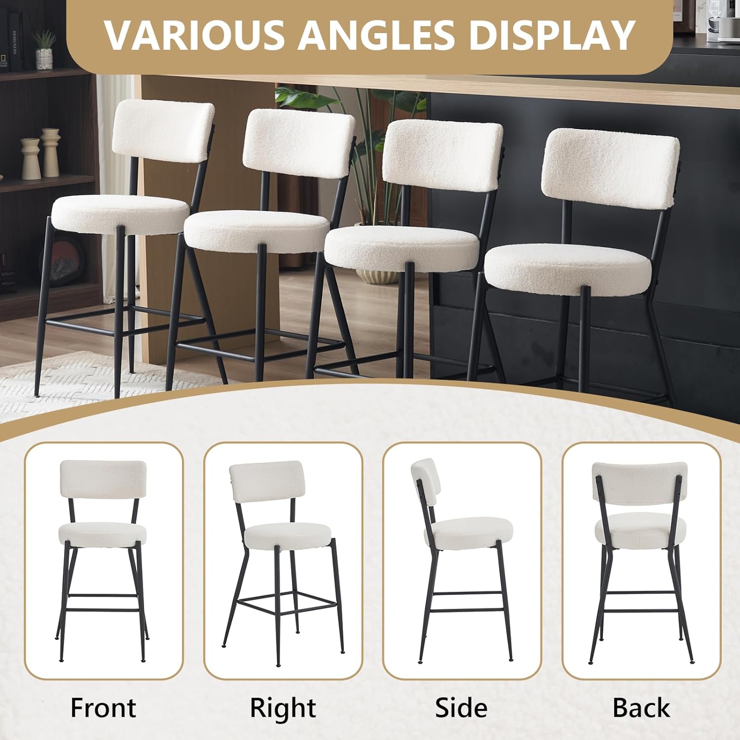 NIOIIKIT Juego de 2 taburetes de bar modernos, cómodos taburetes de comedor tapizados de tela de peluche con patas de metal, taburetes altos con