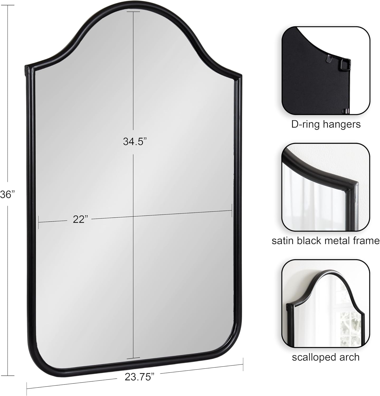 Kate and Laurel Fellows – Espejo de pared con forma de arco festoneado, 24 x 36 pulgadas, color negro, espejo de arco decorativo tradicional con