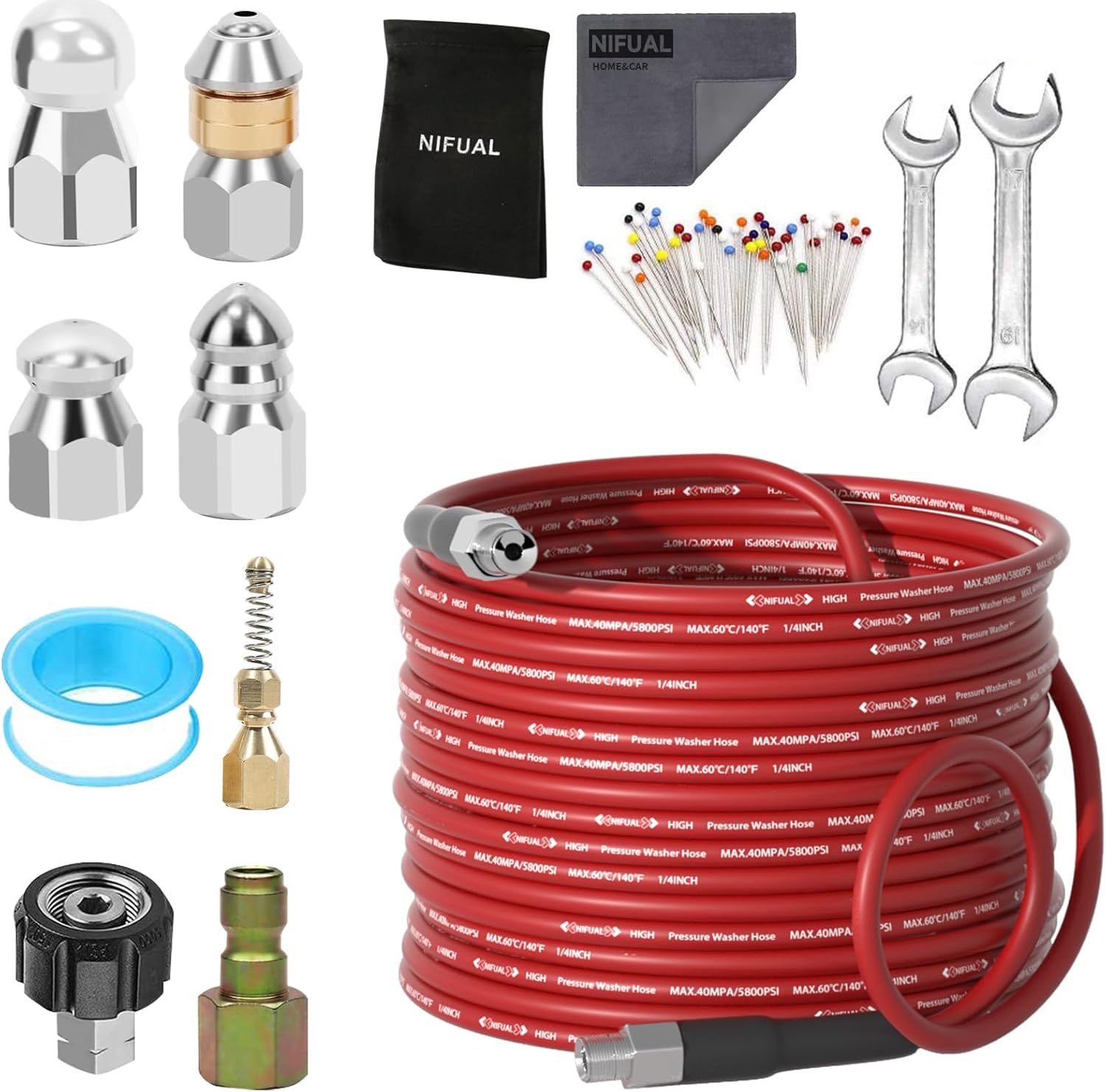 Kit de limpieza para lavadora a presión, kit de chorro de alcantarillado para esquina NPT de 14 de pulgada, manguera limpiadora de drenaje de