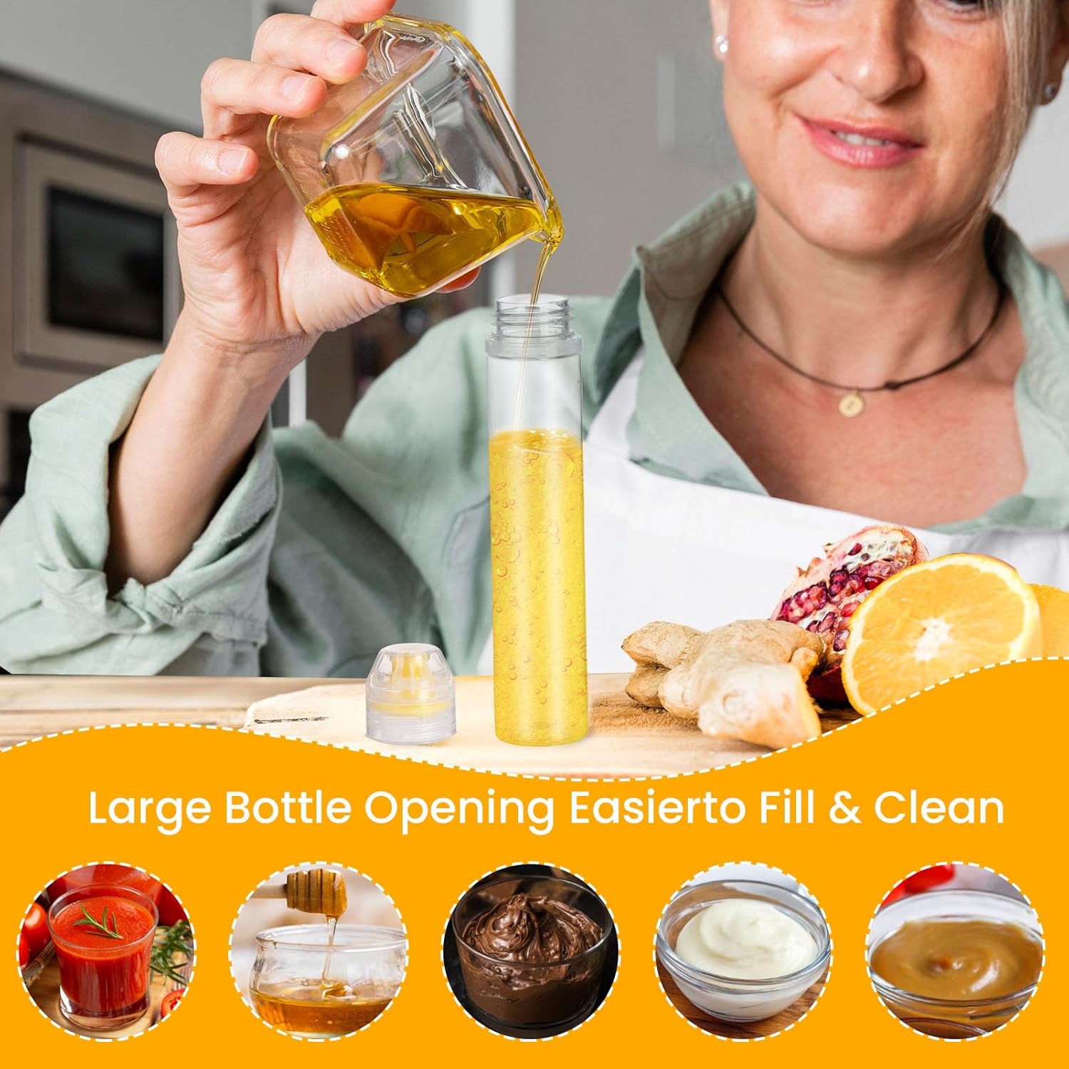 RAYNAG Paquete de 8 botellas de miel reutilizables de plástico para apretar con tapas abatibles, dispensador de condimentos para salsa de salsa de