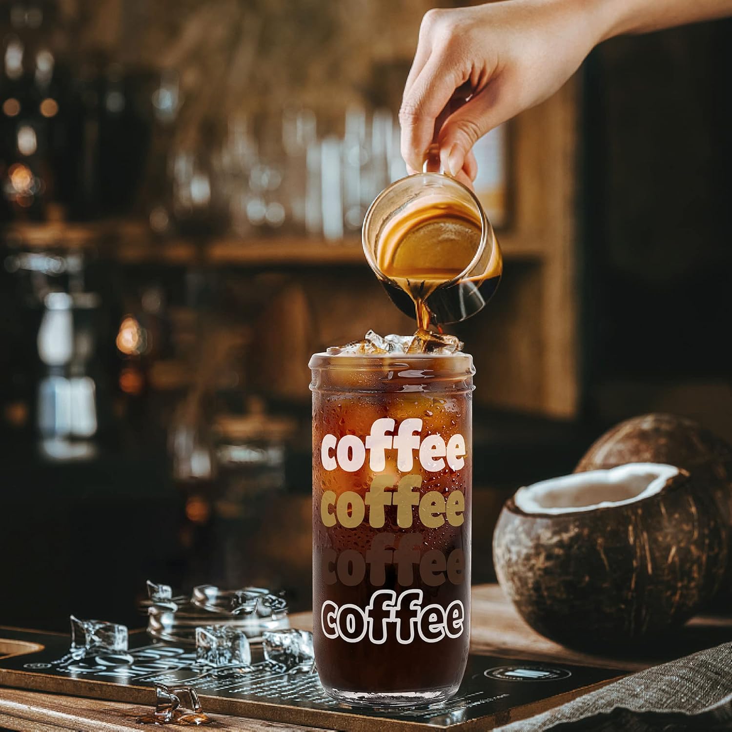 ANOTION Taza de café helado, tarro Mason con tapa y pajilla, vaso de boca ancha de 24 onzas, vasos reutilizables para beber batidos y agua, botellas