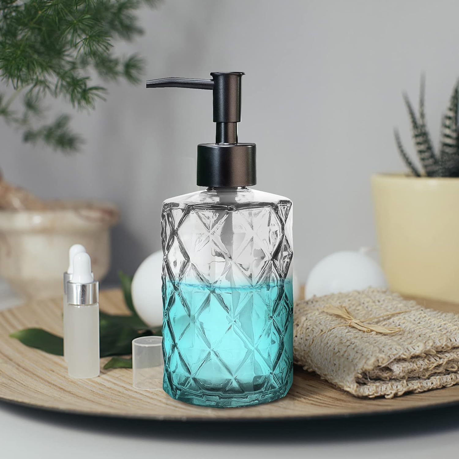 Top-spring Dispensador de jabón de vidrio de 12 onzas, dispensador de jabón de loción recargable para baño, cocina, jabón de manos, jabón para platos