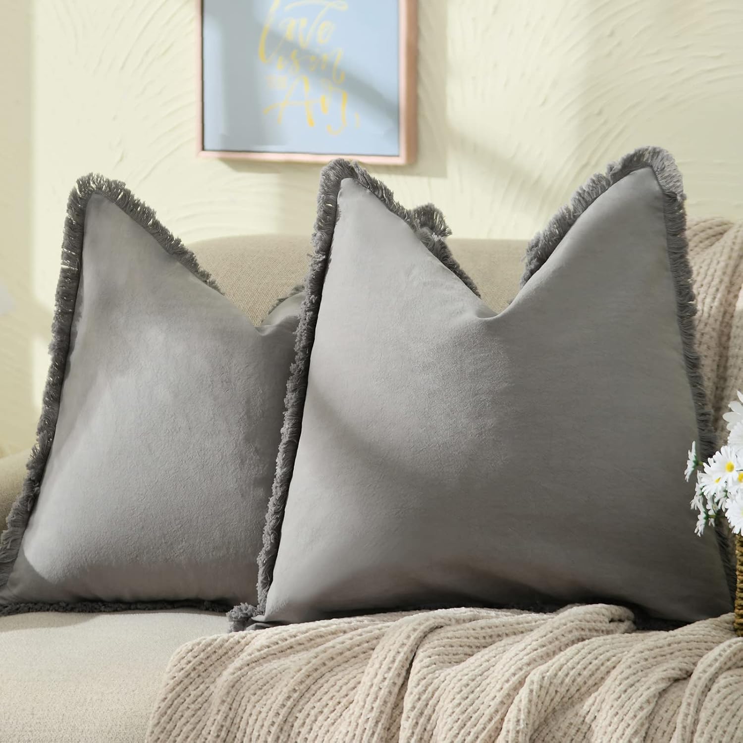 ZWJD Juego de 2 fundas de almohada de 18 x 18 pulgadas, color gris, con flecos, de algodón, decorativas, cuadradas, para sofá, cama, sala de estar,