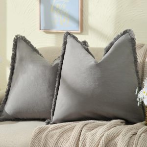ZWJD Juego de 2 fundas de almohada de 18 x 18 pulgadas, color gris, con flecos, de algodón, decorativas, cuadradas, para sofá, cama, sala de estar, ZWJD Juego de 2 fundas de almohada de 18 x 18 pulgadas, color gris, con flecos, de algodón, decorativas, cuadradas, para sofá, cama, sala de estar,
