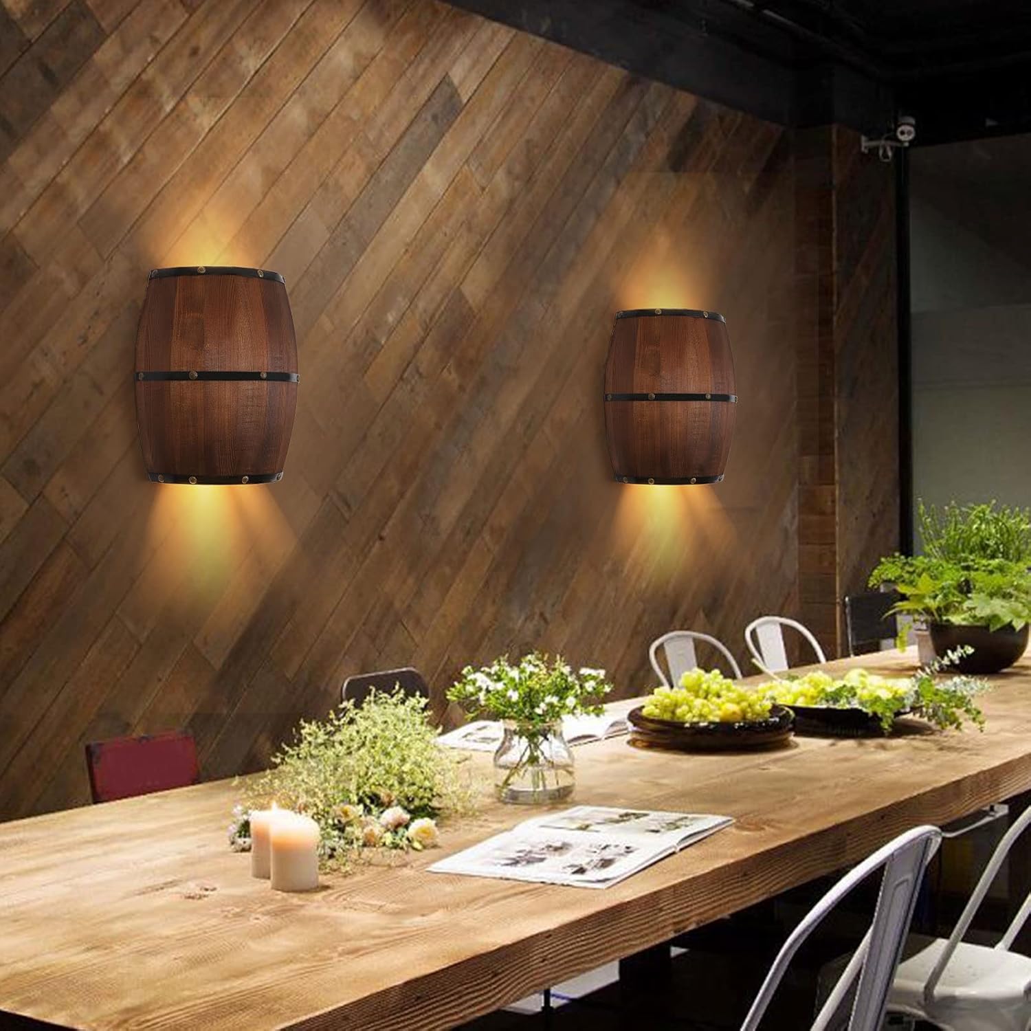 Aplique de pared de barril de vino de madera antigua, lámpara de pared interior para área de bar, tema steampunk, accesorio de iluminación de pared