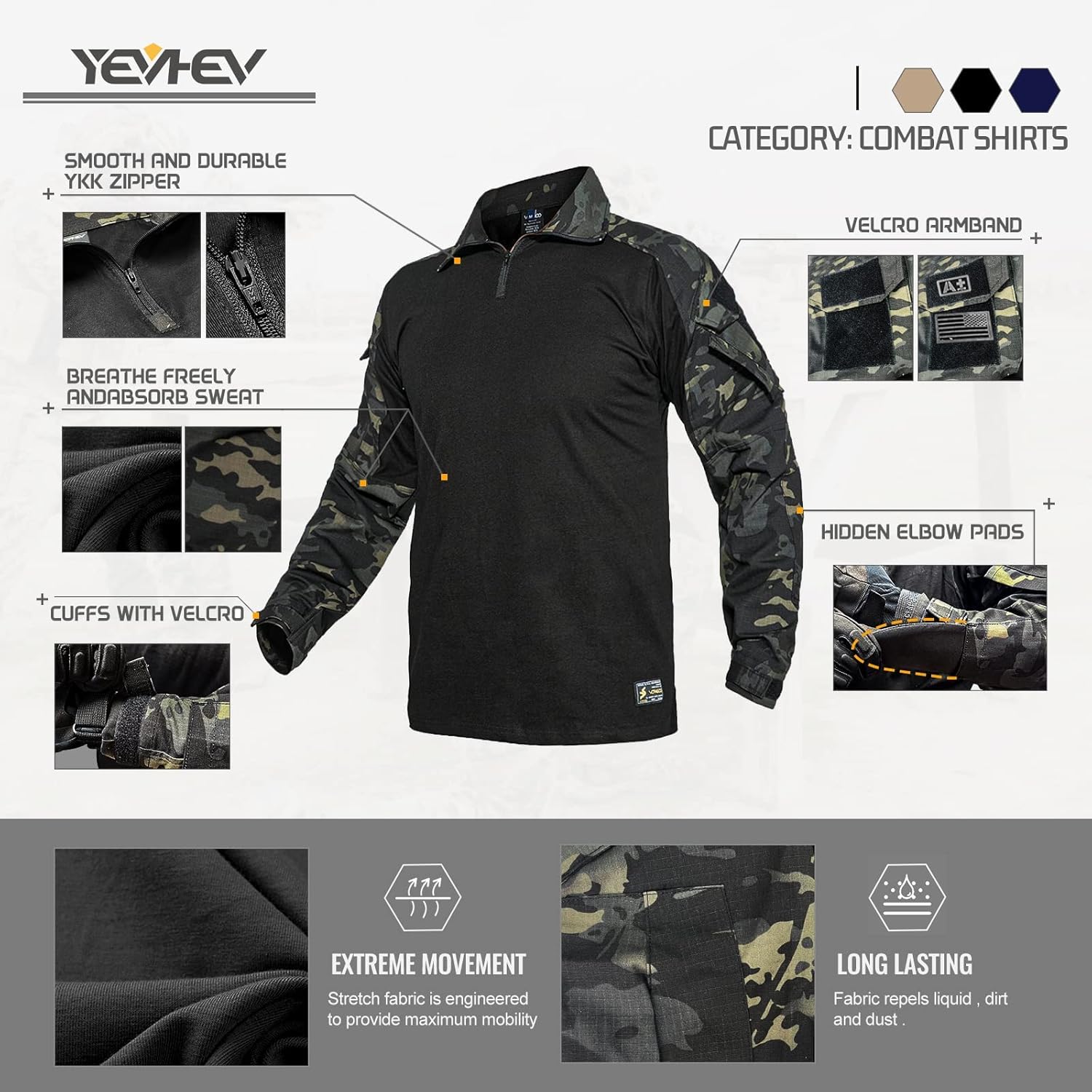 YEVHEV E G3 – Camisa de camuflaje con coderas para hombre, uniforme de caza, equipo de paintball