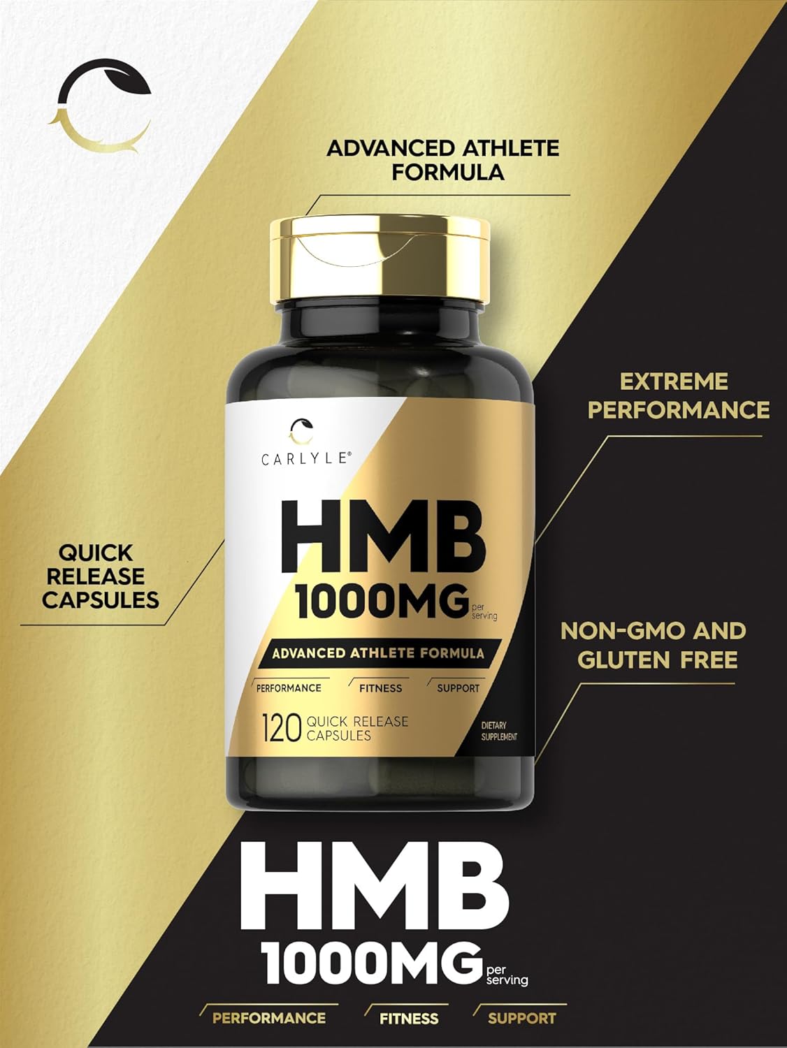 Carlyle Suplemento HMB  1000 mg  120 cápsulas  Fórmula avanzada de atleta sin OMG y sin gluten