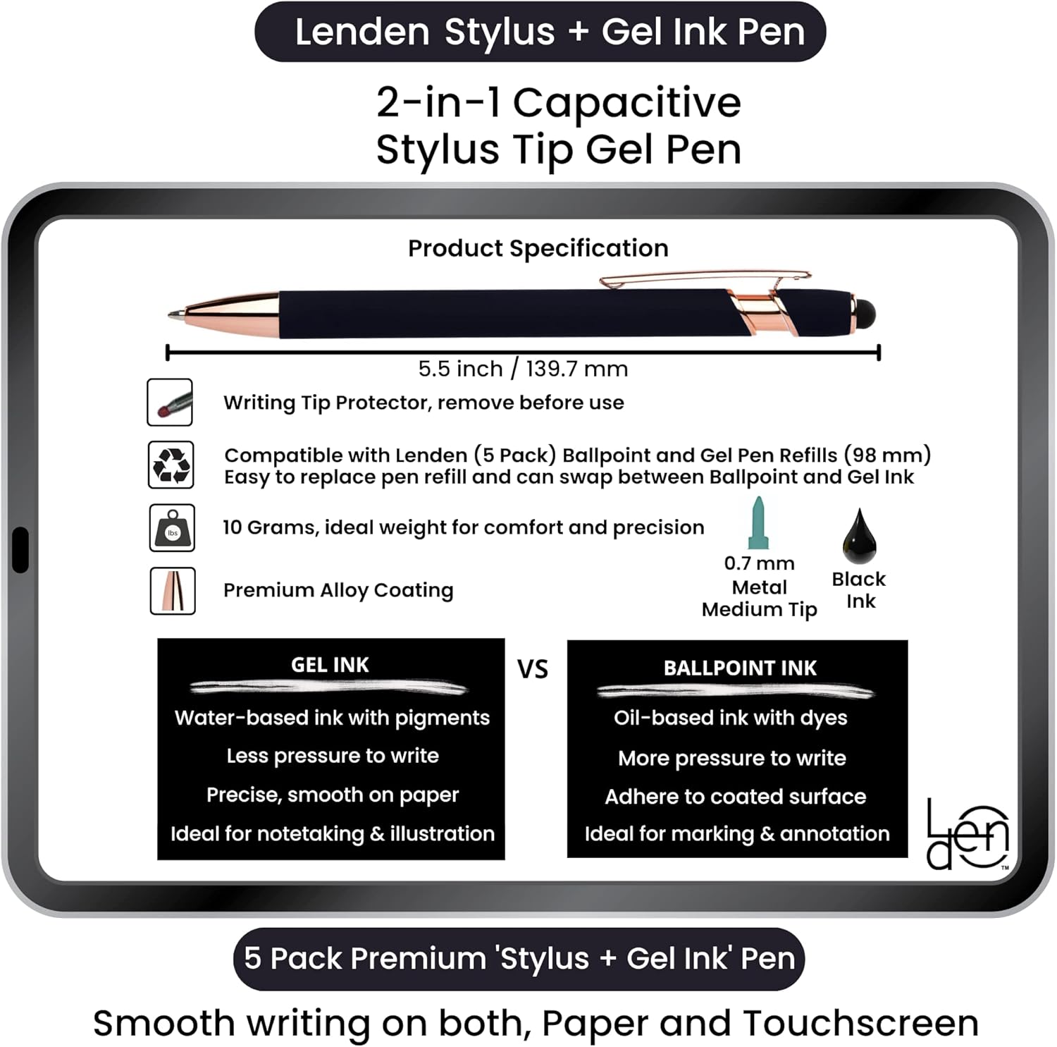 Lenden Paquete de 5 bolígrafos de tinta de gel 2 en 1 de goma Comfort Soft Touch, punta capacitiva, punta media de metal premium, tinta negra,