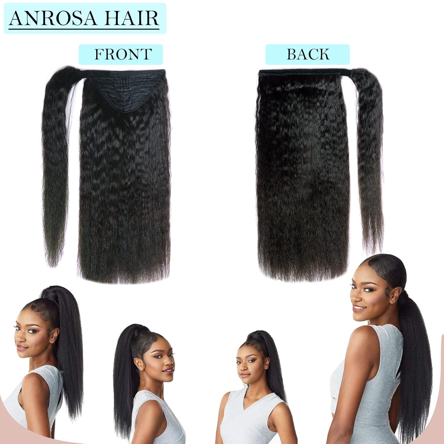 Anrosa Cola de caballo de cabello humano rizado lacio para mujeres negras, cinta mágica 100% Remy, extensiones de cabello humano brasileño ondulado,