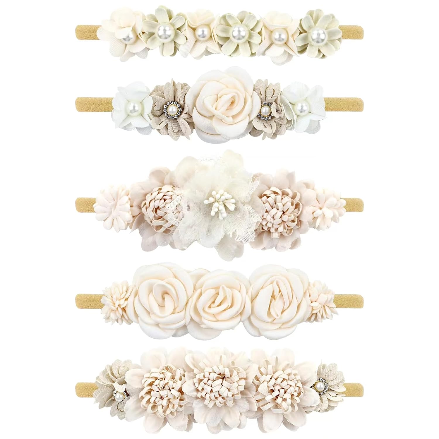 Cinaci 5 diademas de nailon súper elásticas y suaves con flores, para bautizo, tiaras florales, coronas, accesorios para el cabello para recién