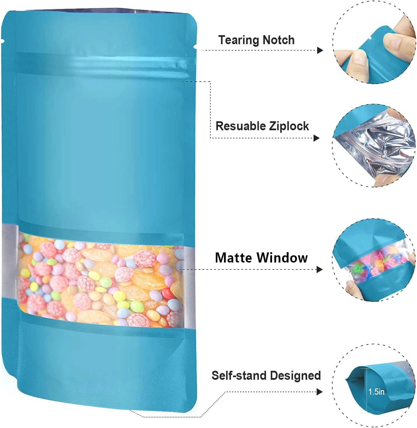 120 bolsas de Mylar a prueba de olores de 5.9 x 8.6 pulgadas para el almacenamiento de alimentos, bolsas de Mylar resellables de pie con ventana