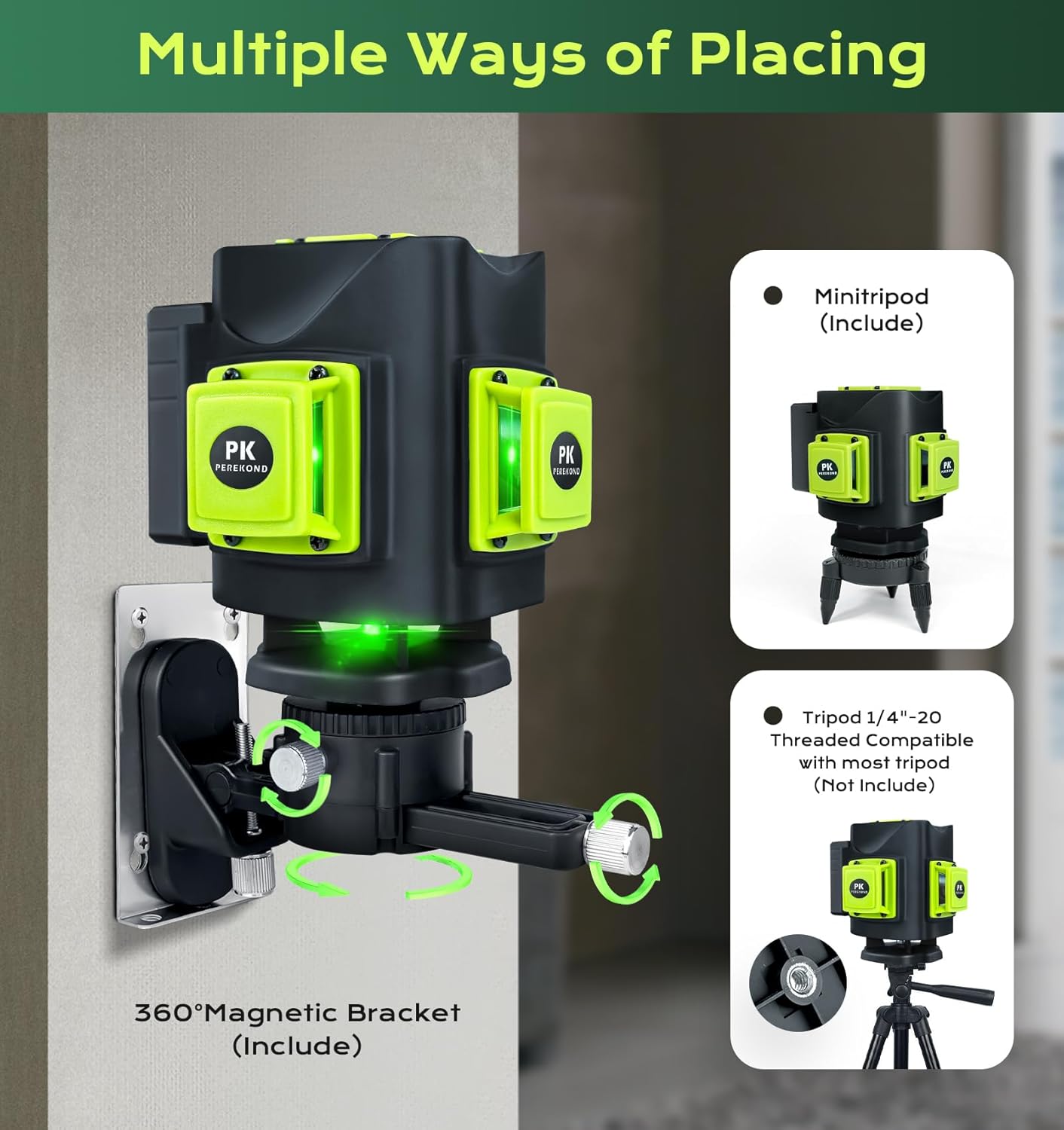 Nivel láser autonivelante 3 x 360 , 2 líneas cruzadas verdes más brillantes, nivel láser 3D profesional para construcción, herramienta de medición