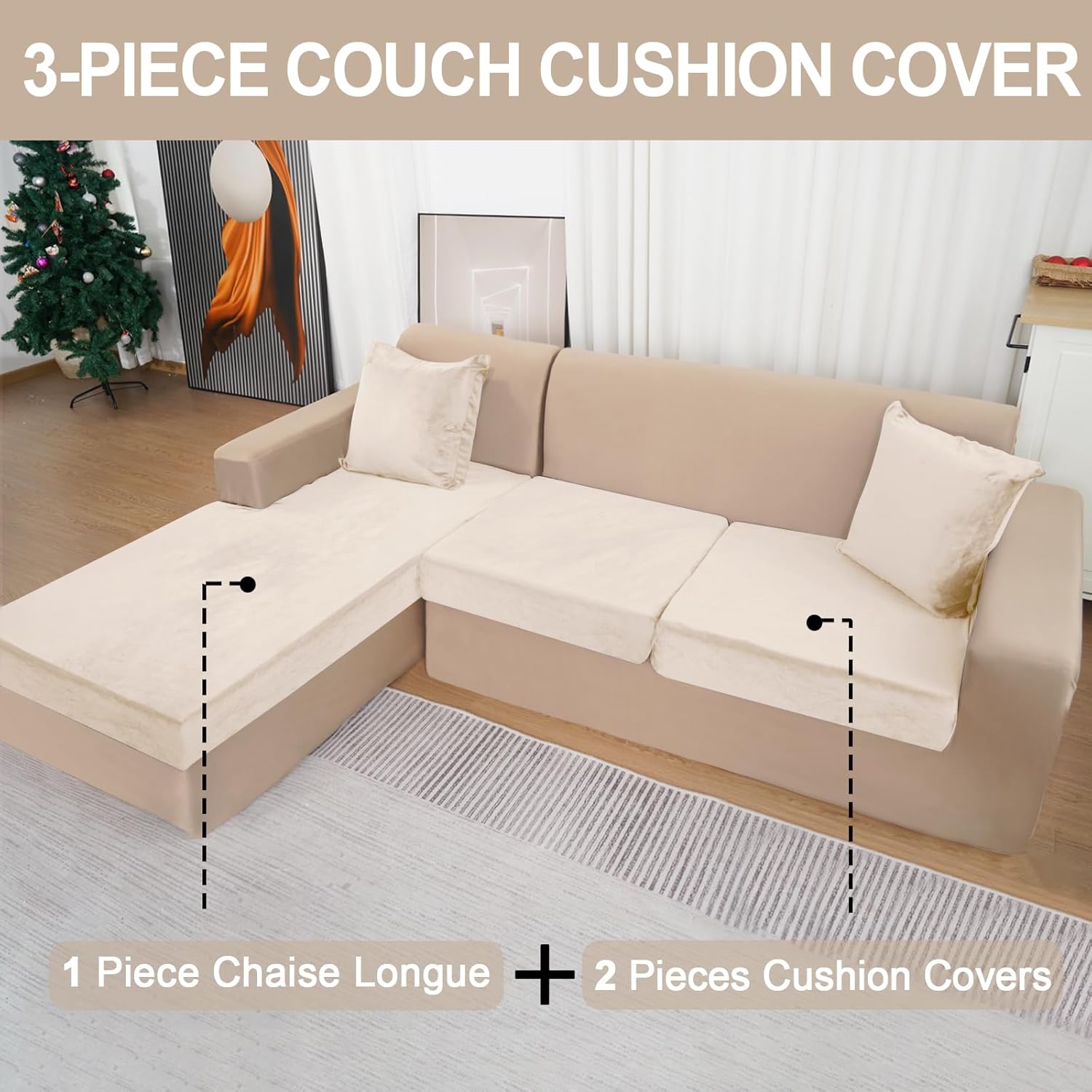 Fundas de sofá para sofá de 2 cojines y 1 funda de diván de terciopelo seccional, fundas de sofá separadas en forma de L con 2 fundas de almohada (2