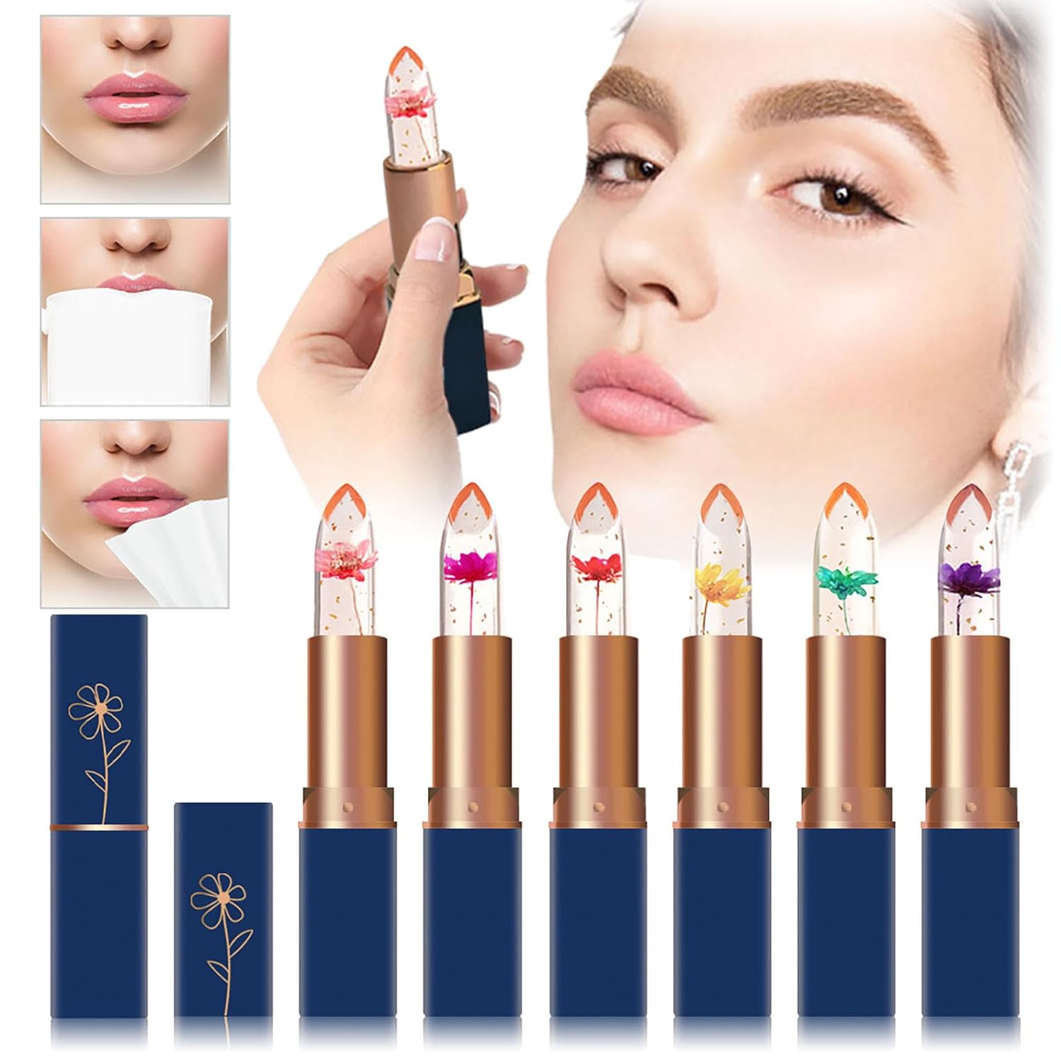 Aseawave 6 lápices labiales que cambian de color de pH, gelatina de flores de cristal, bálsamo brillante para todos los tonos de piel, tinte suave y