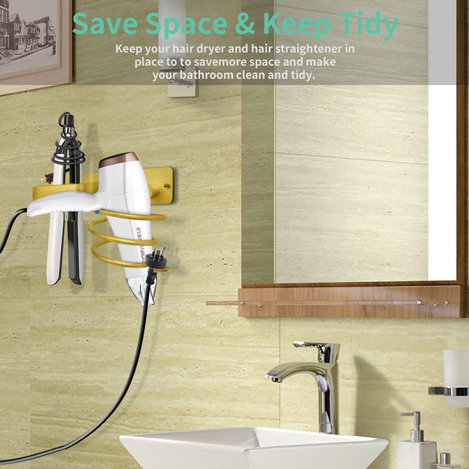 Soporte dorado para secador de pelo, soporte para secadora de pelo, montado en la pared, organizador de herramientas para el cuidado del cabello,